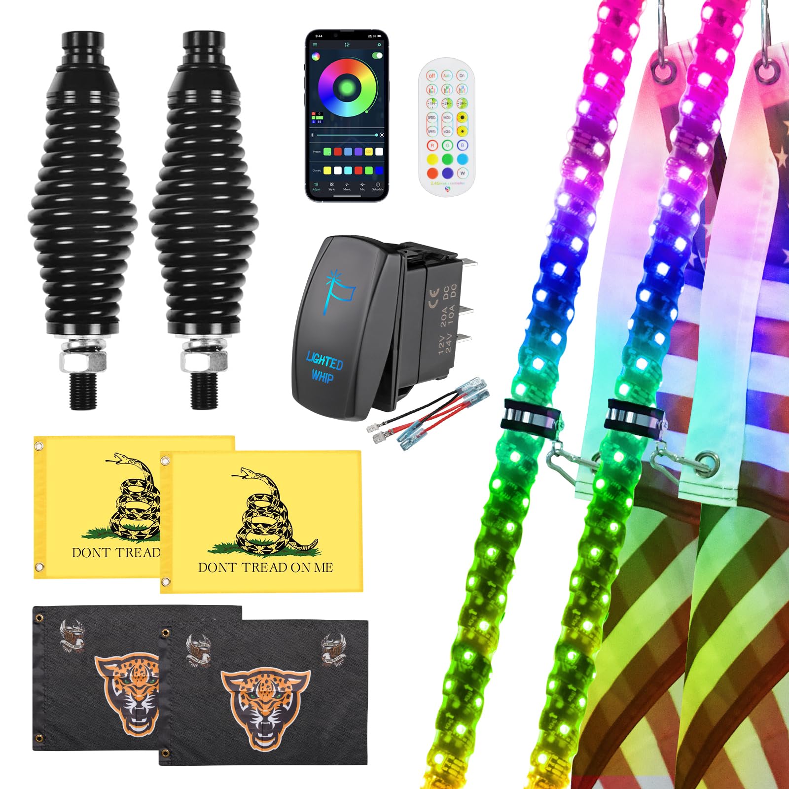 Ehaho Whip Lights With Spring Base  Whip Light With App & Remote Control  Spiral Rgb Chasing Lighted Whips With Rocker Switch  Whip Light For Utv Atv 2Pack -Like New