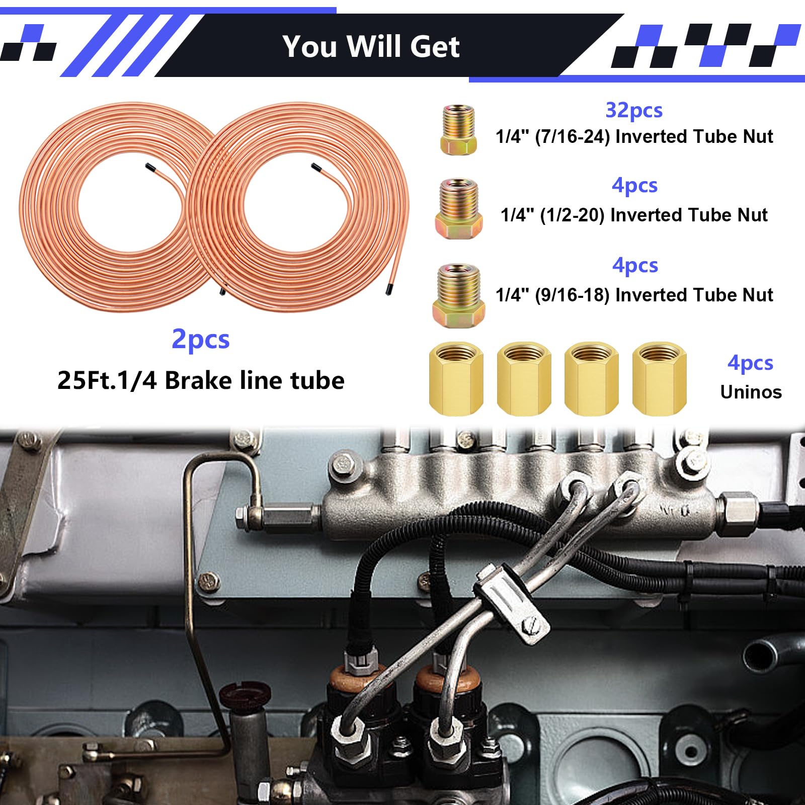 smseace 2Sets 25Ft. 1/4 '' Brake Line Tubing Kit with Brake Line Fittings(Includes 32pcs Fittings and 4pcs Unions+8pcs Nuts) Cop