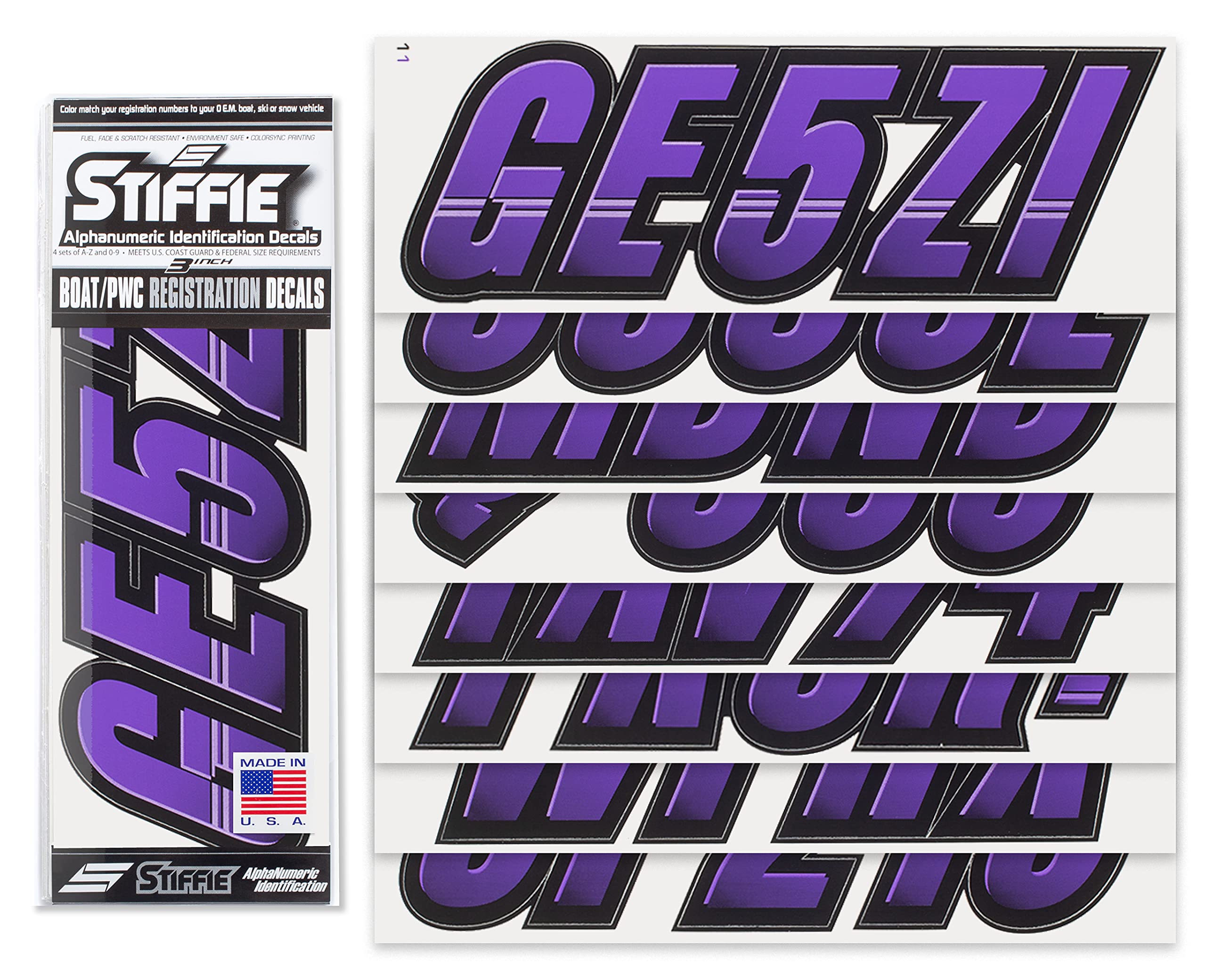 Stiffie Techtron Purple/Black 3 '' Boat & Pwc Registration Decals  Numbers Letters Stickers