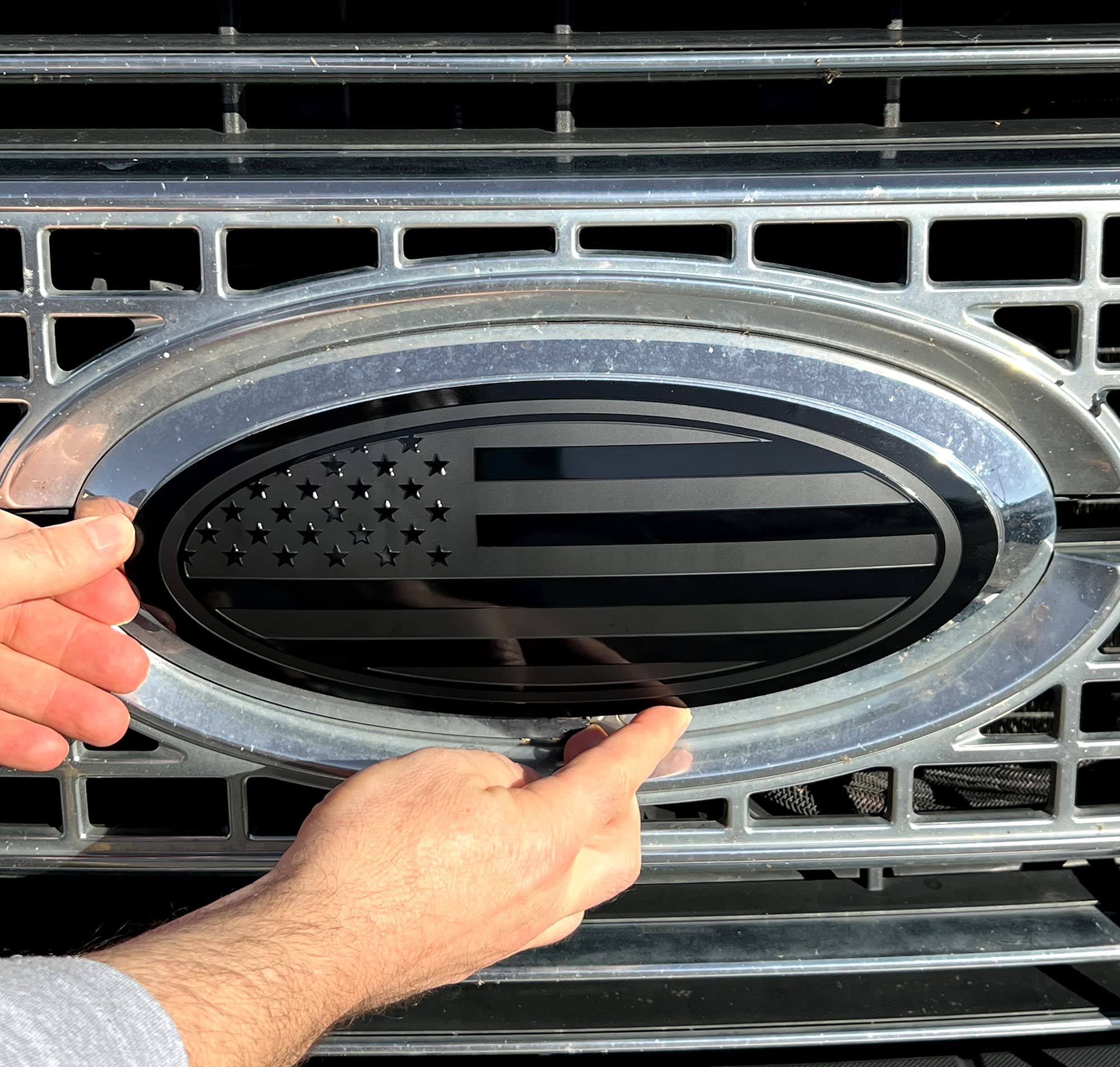 12 Inch Front Grille Tailgate Rear Aluminum Overlay American Black Flag Emblem For Superduty F250 F350 Super Duty (Black, 12'')