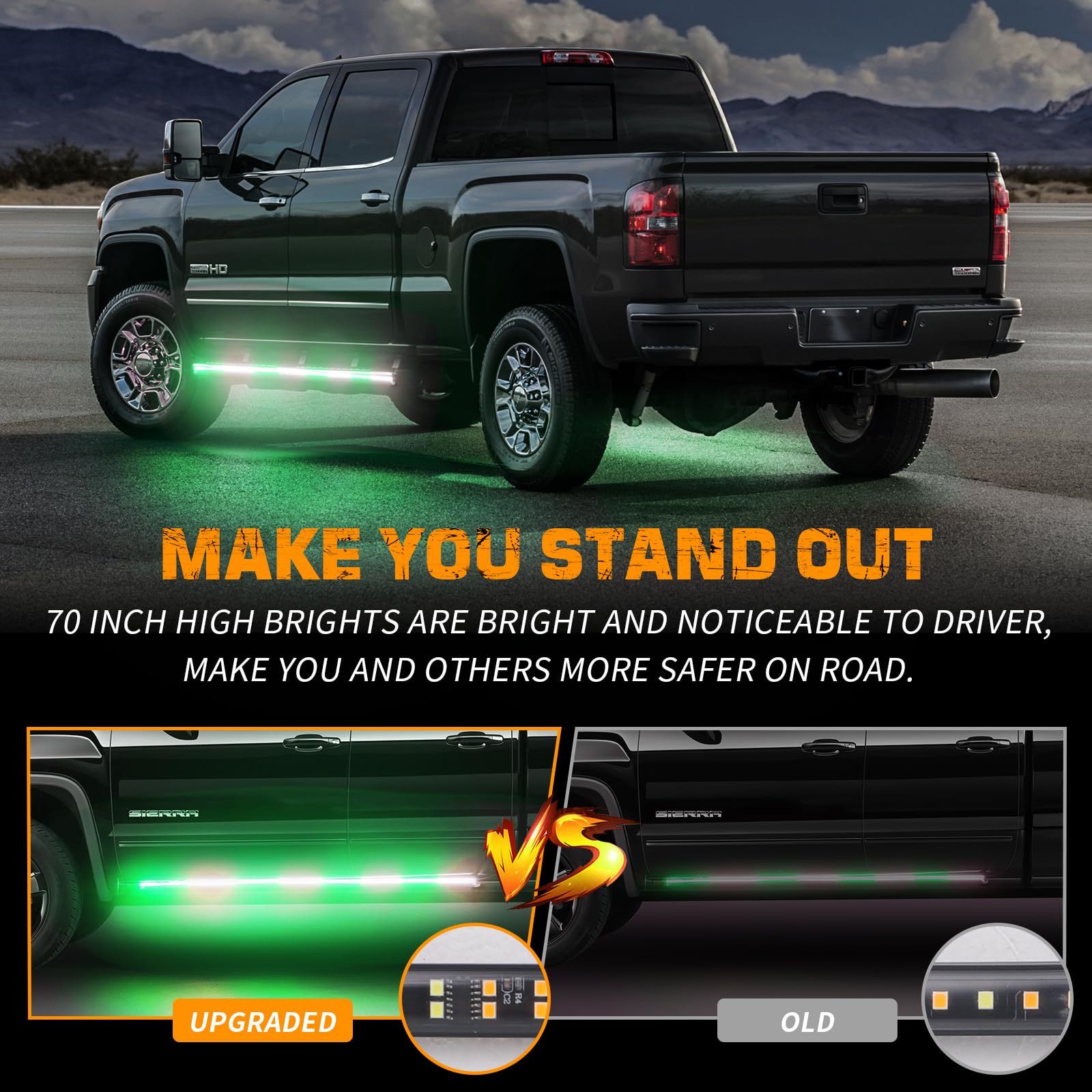 Xridonsen 2Pcs 70 Inch Truck Green White Emergency Lights Strip 864 Led Running Board Strobe Lights Bar Firefighter Lights Flash