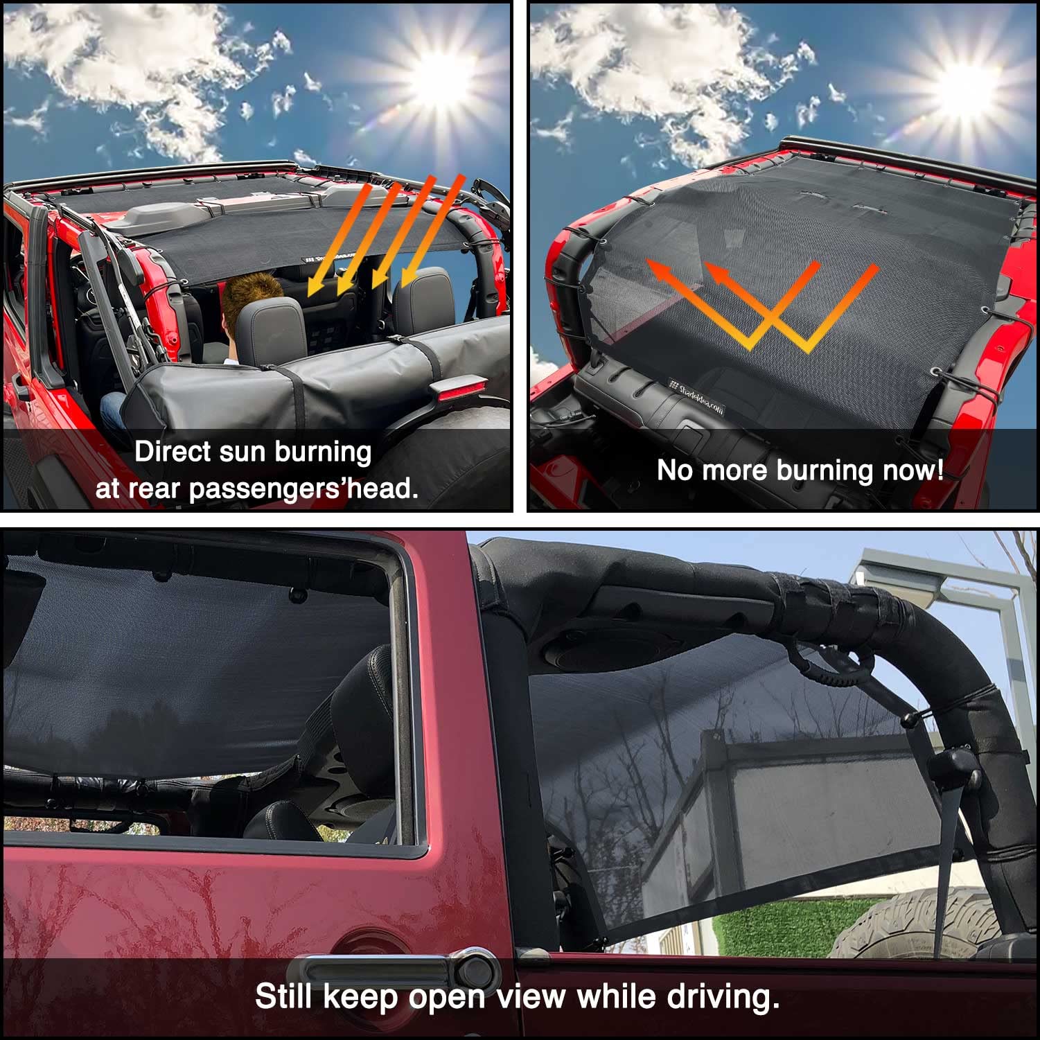 Shadeidea Top Sun Shade For Jeep Wrangler Jl (2018-2023) 2 Door Sunshade Front And Rear And Trunk - Black Mesh Screen Top Cover