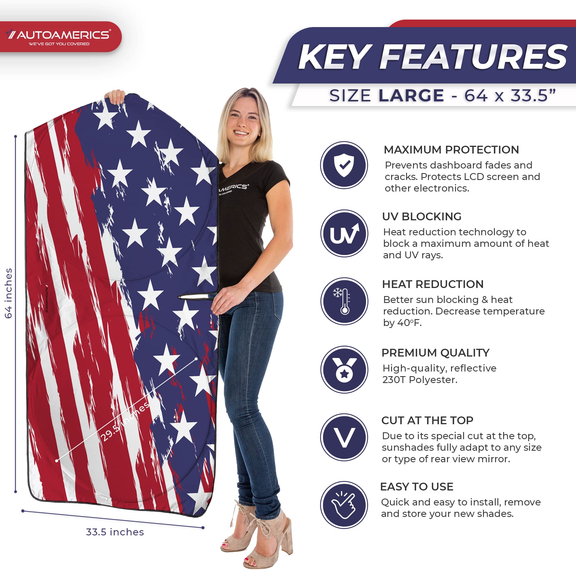 Autoamerics 1-Piece Windshield Sun Shade Usa Art Flag - 2 American Design - Foldable Car Front Window Sunshade For Most Sedans S