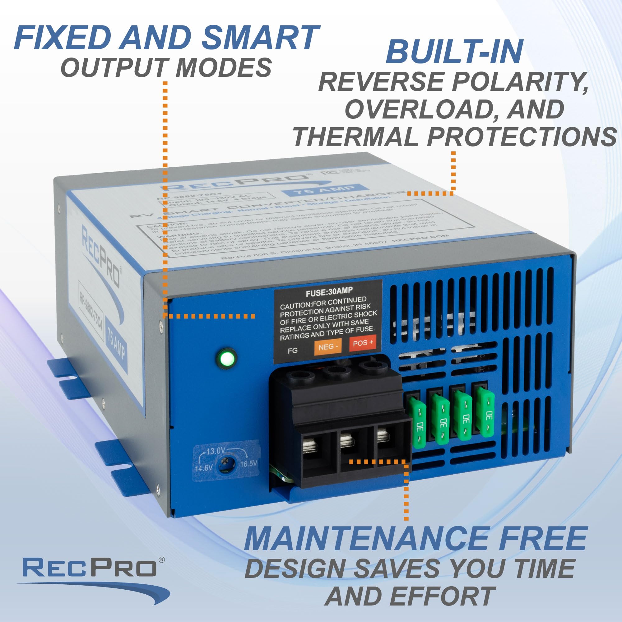 Recpro Rv Converter 75 Amp | Rv Power Converter & Battery Charger | 4 Stage Smart Charging | 120Vac To 12Vdc | 13V To 16.5V Oper