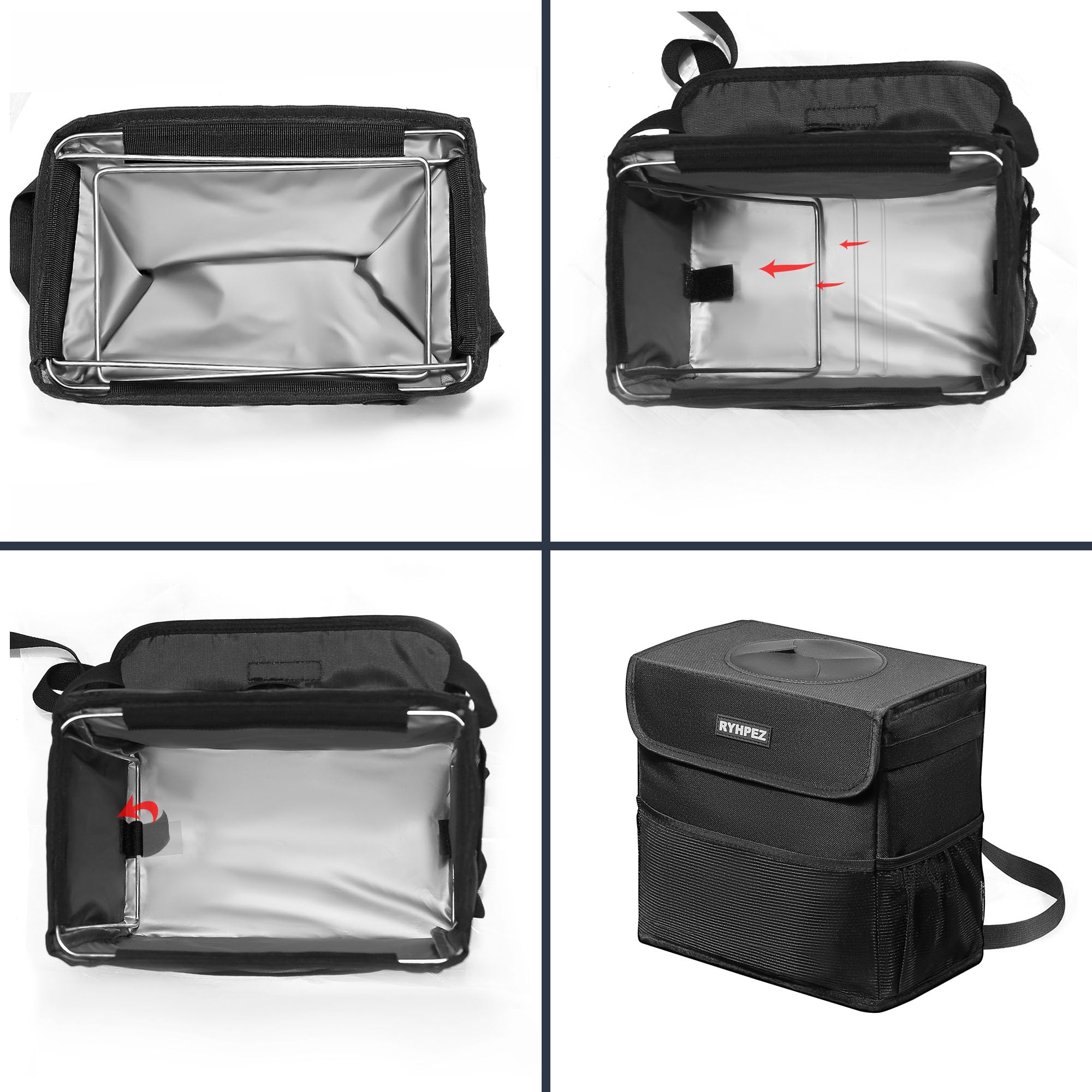 Ryhpez Car Trash Can With Lid - Car Trash Bag Hanging With Storage Pockets Collapsible And Portable Car Garbage Can With Metal R