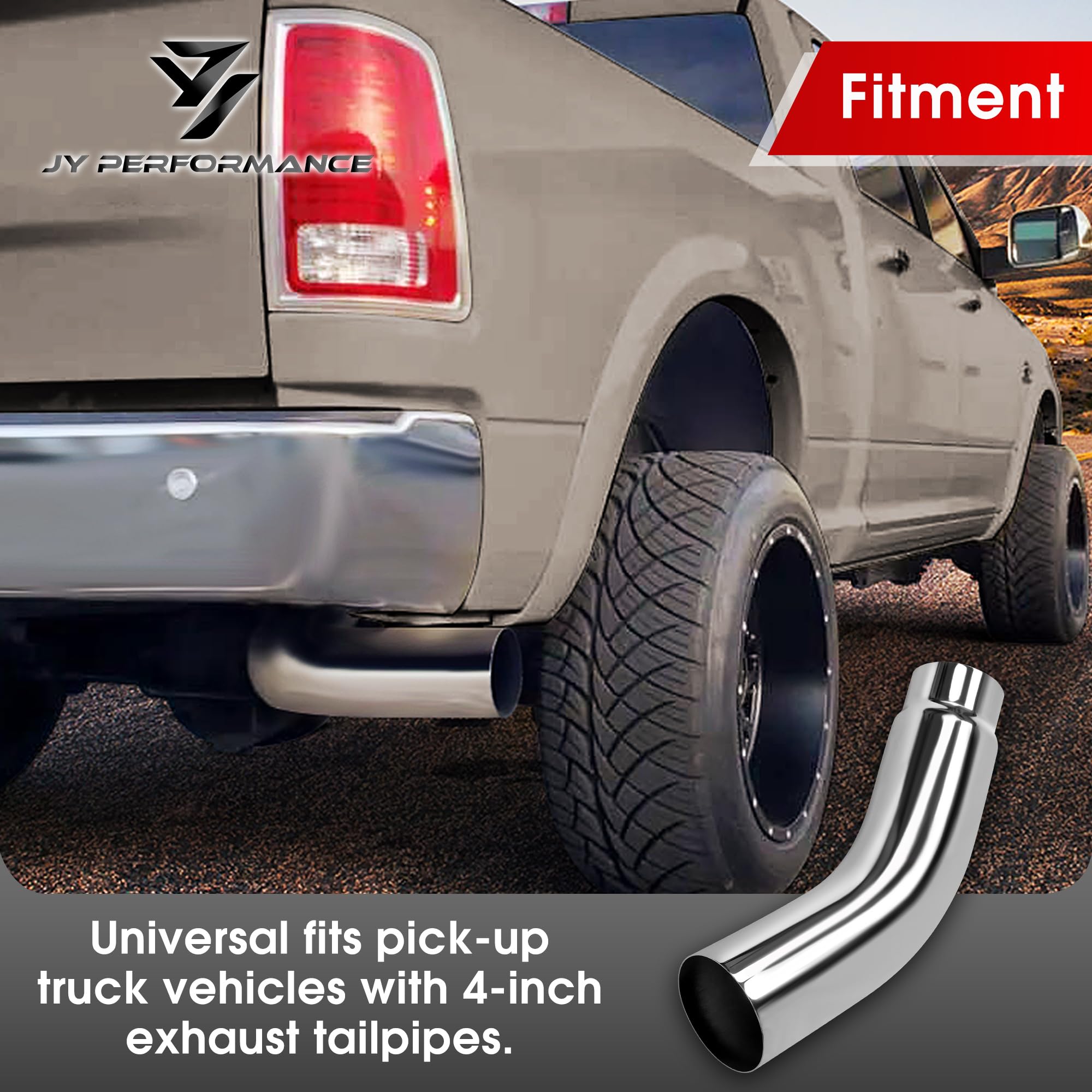 JY PERFORMANCE 4 Inch (ID) Diesel Exhaust Tip Elbow Tip 4'' Inlet 5'' Outlet 23'' Long Chrome Turndown Exhaust Tip
