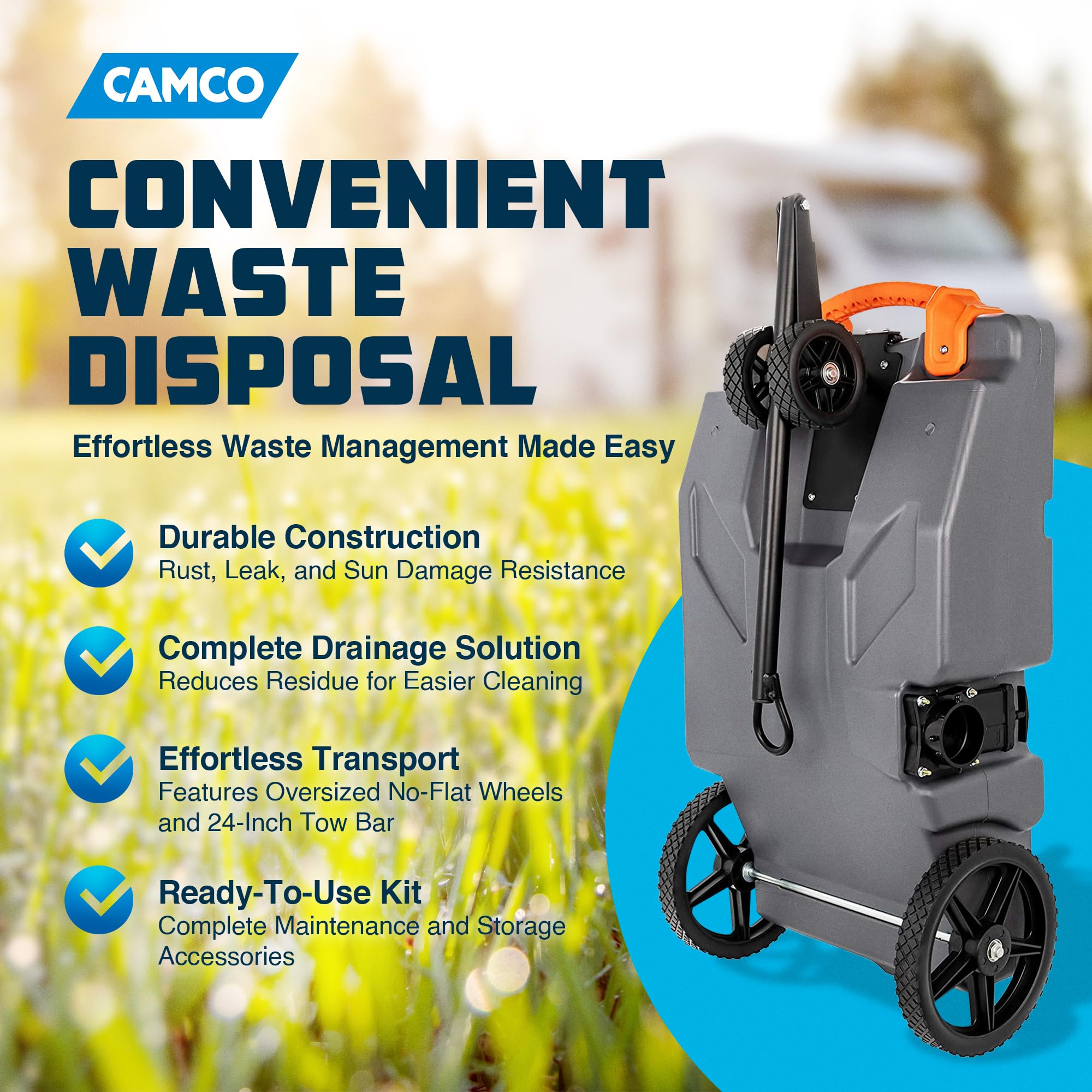 Camco Rhino 36-Gallon Portable Camper / Rv Tote Tank - Features 2 Steerable No-Flat Front Wheels & Built-In Gate Valve - Includes Removable 24' Tow Bar, 3’ Rv Sewer Hose & More Rv Accessories (39007)