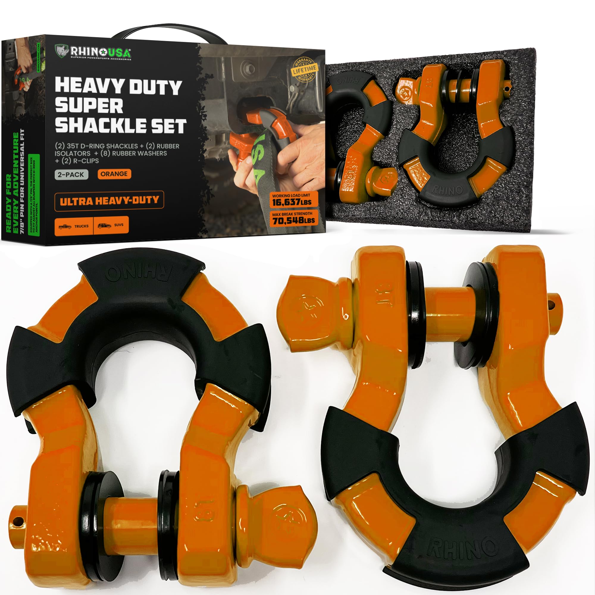 Rhino USA Super D Ring Shackles (2-Pack) - 70,548lb Break Strength - Heavy Duty 3/4 Clevis Shackle with 7/8 Pin for Towing & Off