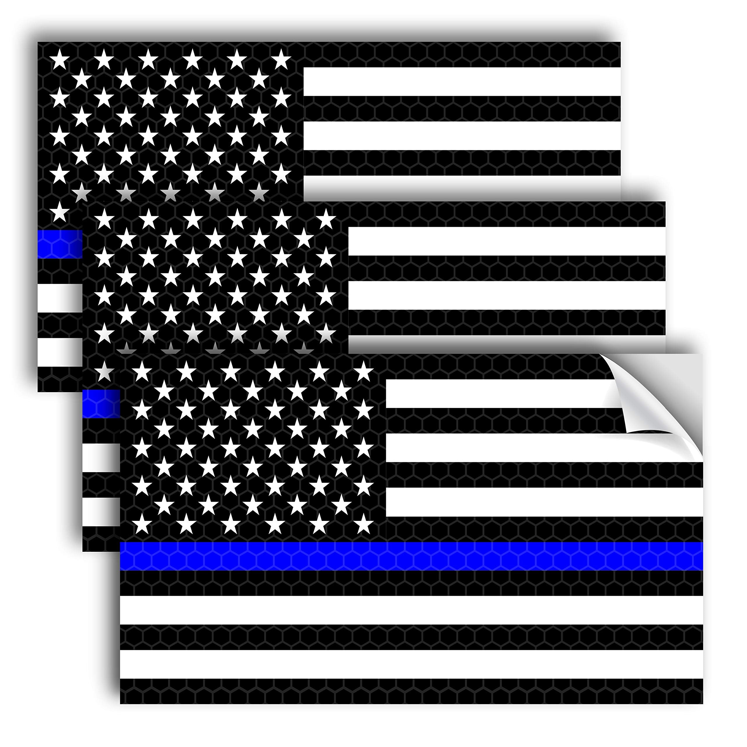 3PC Reflective Thin Blue Line Decal - 5x3 Inches - American Flag Thin Blue Line Sticker - Police Stickers - Blue Lives Matter St
