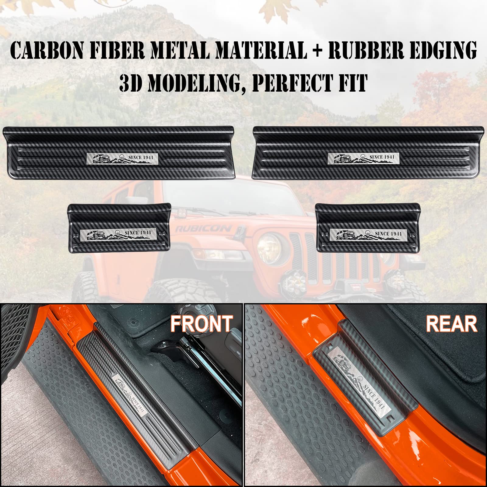 Rowa Door Sill Guards For Jeep 2018-2025 Wrangler Jl Jlu & 2020-2025 Gladiator Jt, Carbon Fiber Pattern 304 Stainless Steel Door