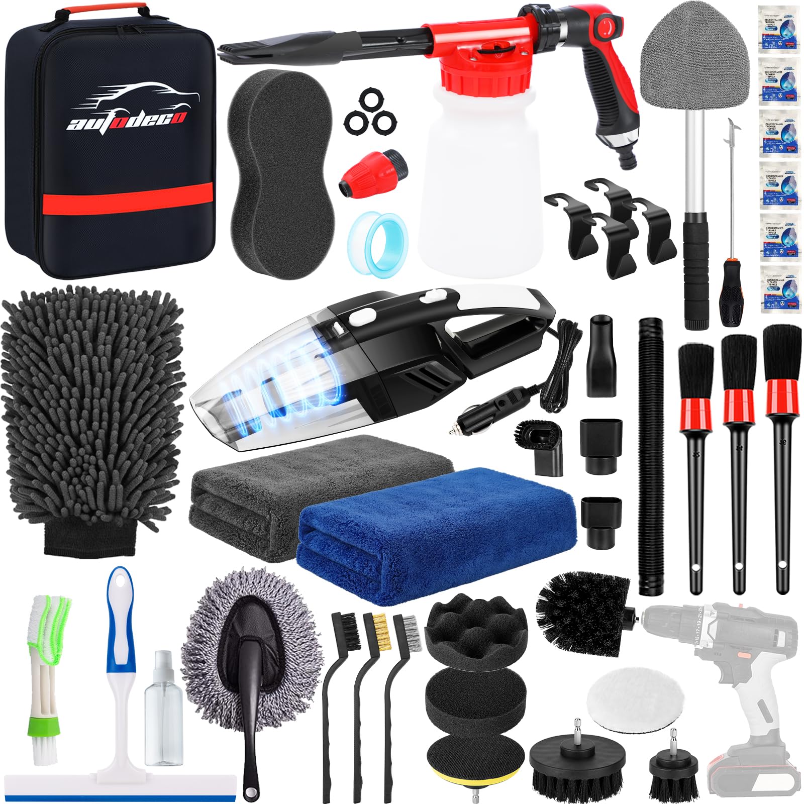Autodeco 40Pcs Car Wash Detailing Kit Cleaning Kits With Foam Gun Sprayer Vacuum With Long Cord Drill Brush Large Wash Mitt Towe