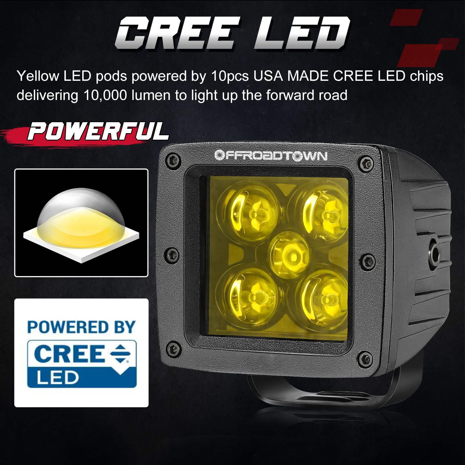 Yellow Led Pods, Offroadtown 100W 2Pcs 3 Inch Cree Led Cubes Light Spot Beam Off Road Driving Lights Led Pod Lights Square Led C
