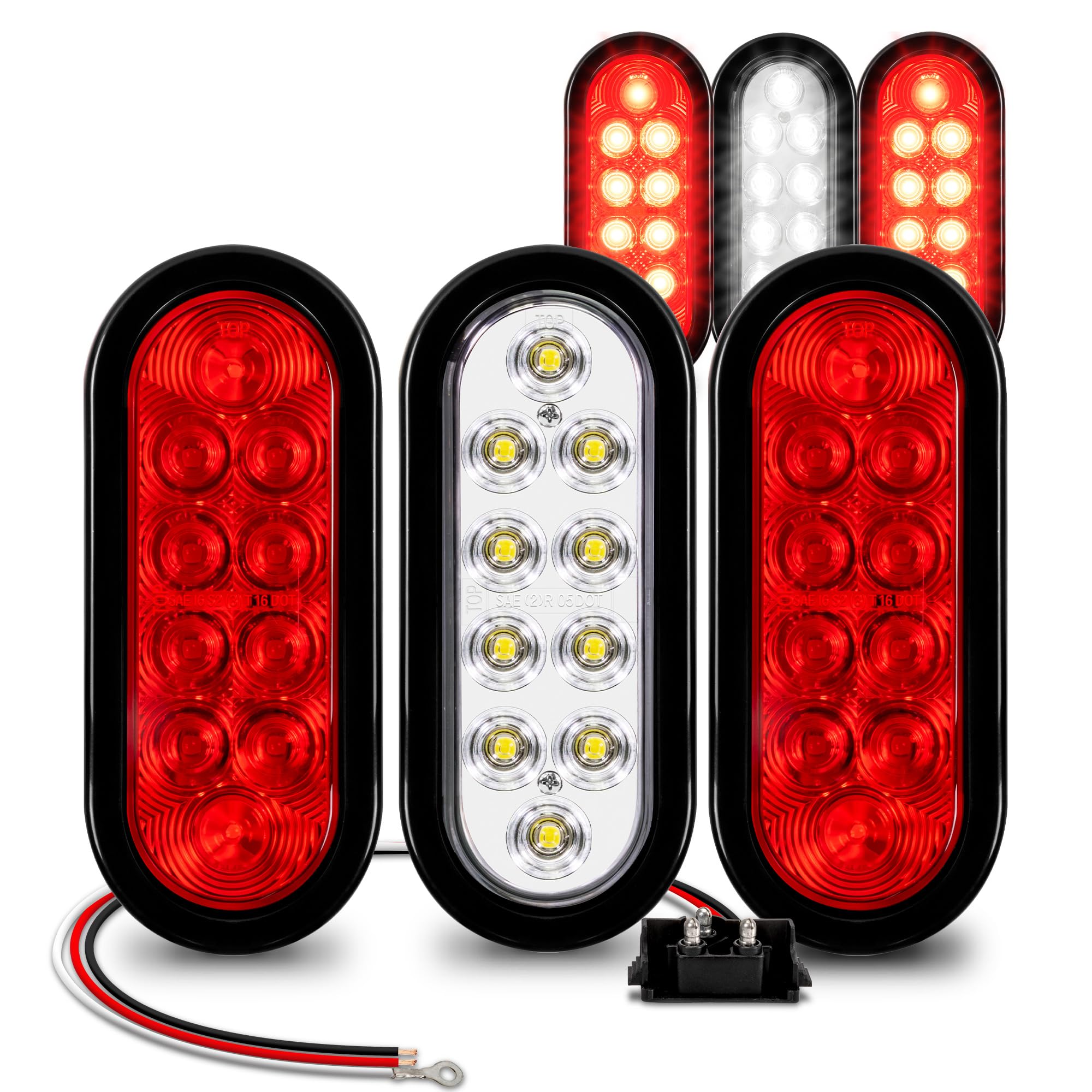 True Mods 4 Red + 2 White 6'' Oval Led Trailer Tail Light Kit [Dot Fmvss 108] [Grommets & Plugs] [Ip67 Waterproof] [Stop Brake T