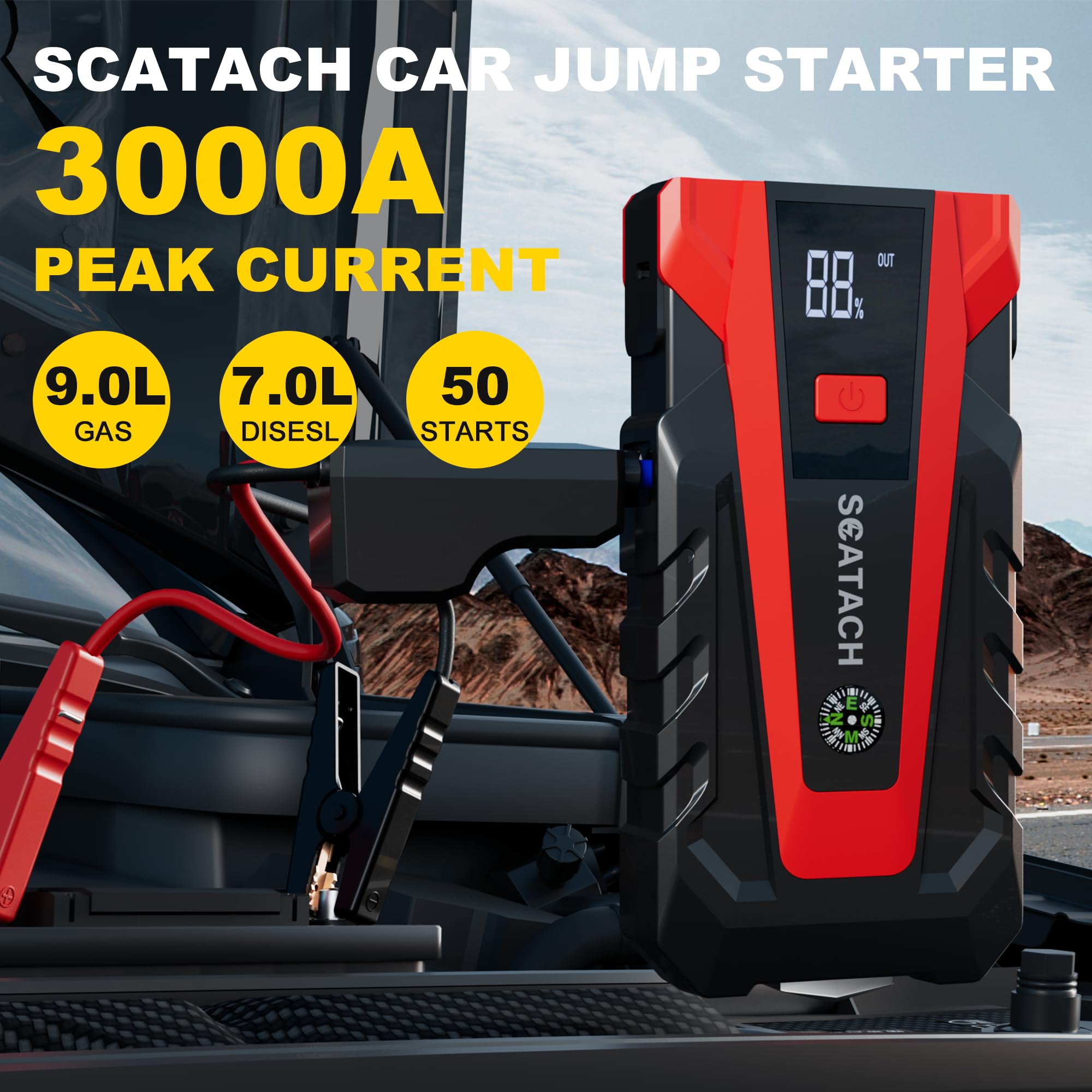 Scatach 011 3000A Car Battery Jump Starter,12V Jump Starter Battery Pack (Up To 9.0L Gasoline And 7.0L Diesel Engine), Portable