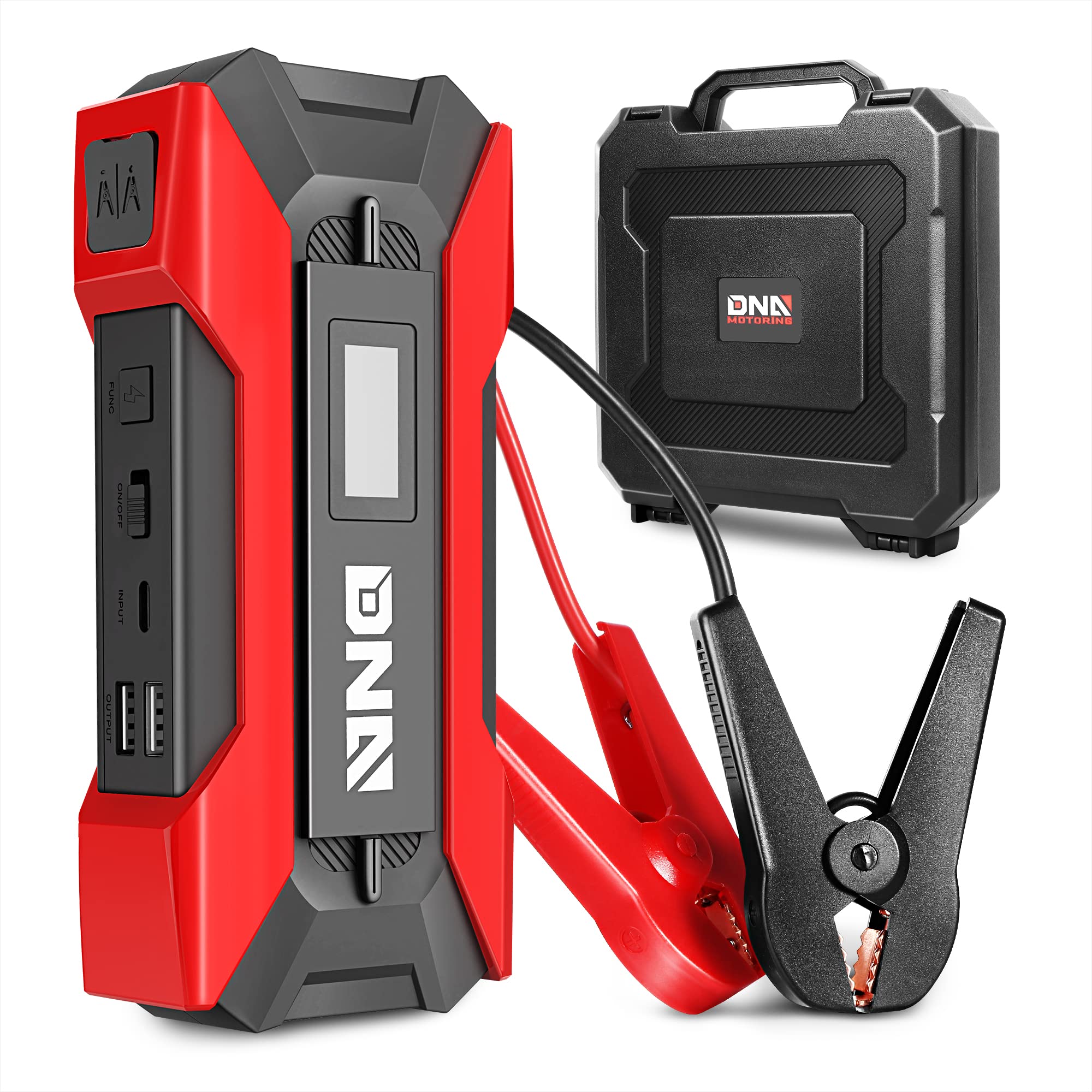 ?DNA MOTORING TOOLS-00214 12V 1500A 15000 mAh Multi-Function Portable Car Battery Jump Starter for Up to 7.0L Gas & 5.5L Diesel Engine, with Carry Case, Red