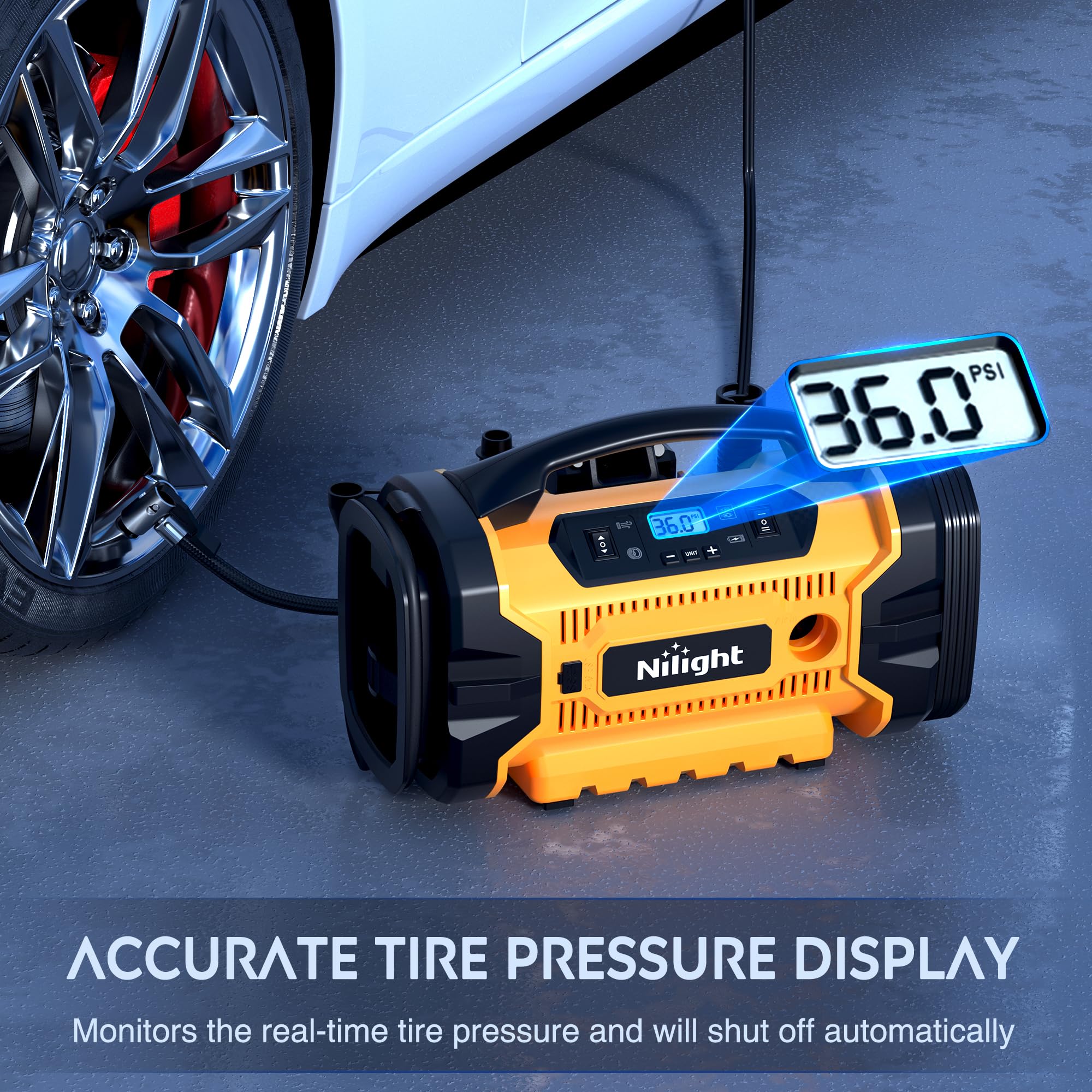 Nilight Portable Air Compressor Tire Inflator 3 Power Sources Pump 160Psi Dual Powerful Motors Fast Inflate Auto Shutoff For Car