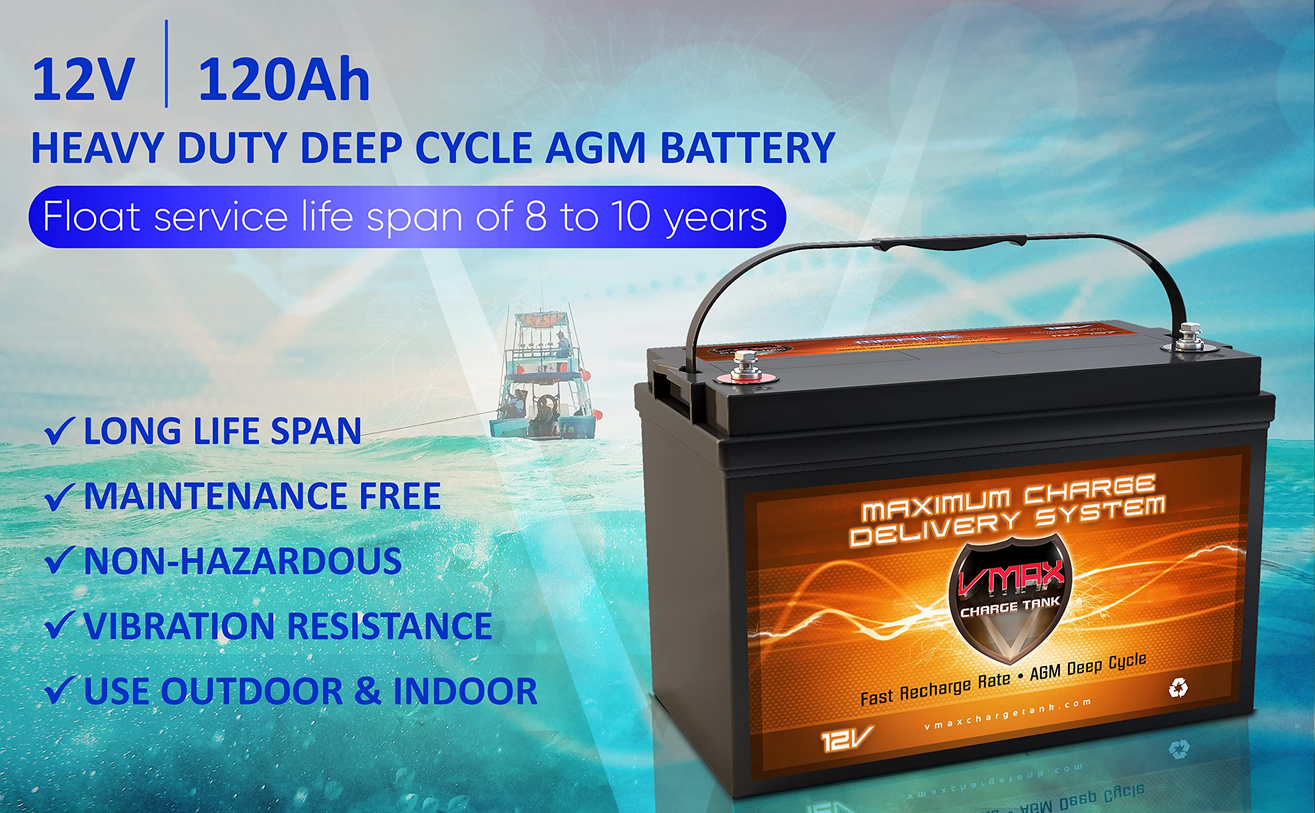 VMAX MR137-120 AGM Sealed Marine AGM Battery 12V 120AH for 50lb -110lb thrust Minn Kota, Newport Vessels, Cobra, Sevylor and oth