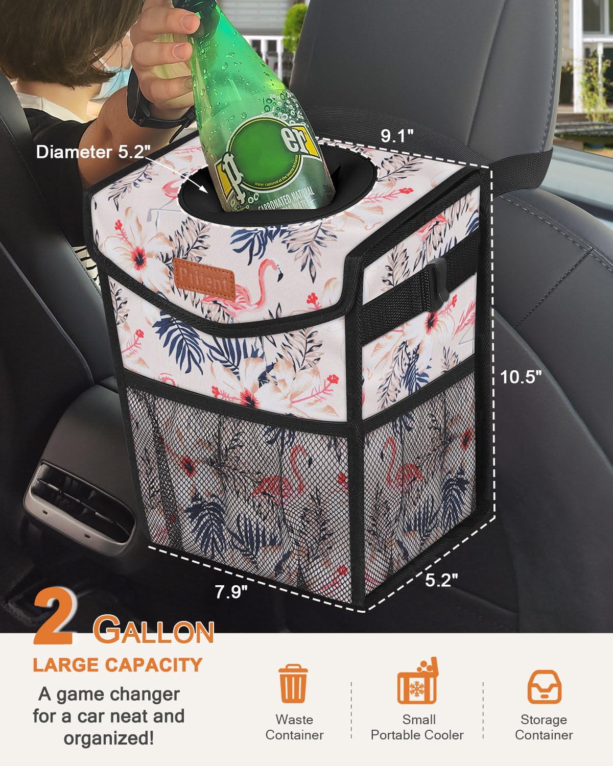 Pritent Car Trash Can With Lid, Cute Leakproof Car Trash Garbage Bag Hanging Vehicle Trash Bin Small Portable Automotive Garbage