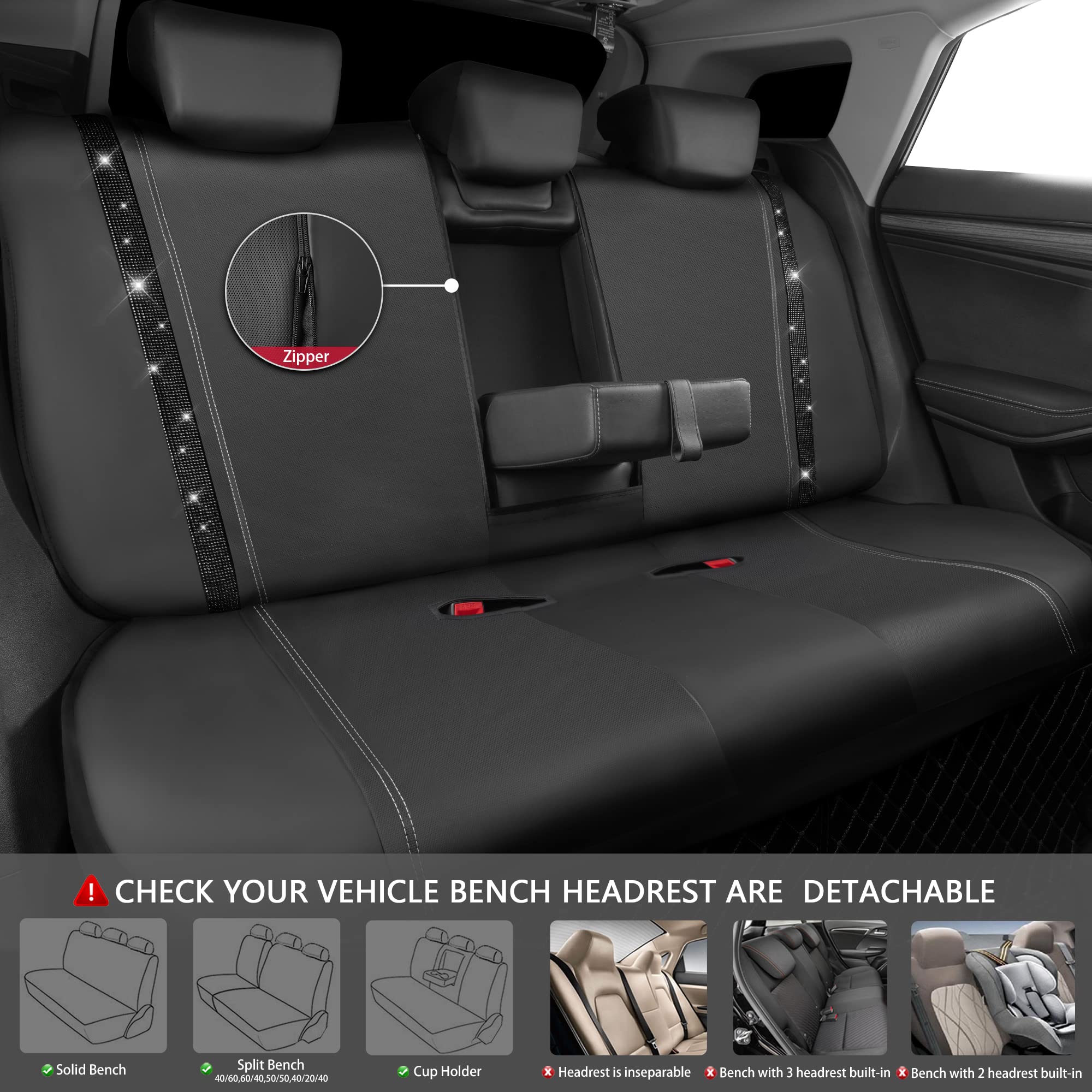 Car Pass Bling Rhinestone Leather Back Seat Cover, Waterproof Bench Rear Seat Cover Shining Diamond Universal Fit Automotive Glitter Crystal Sparkle Strips For Kid Women Girl, Black Diamond