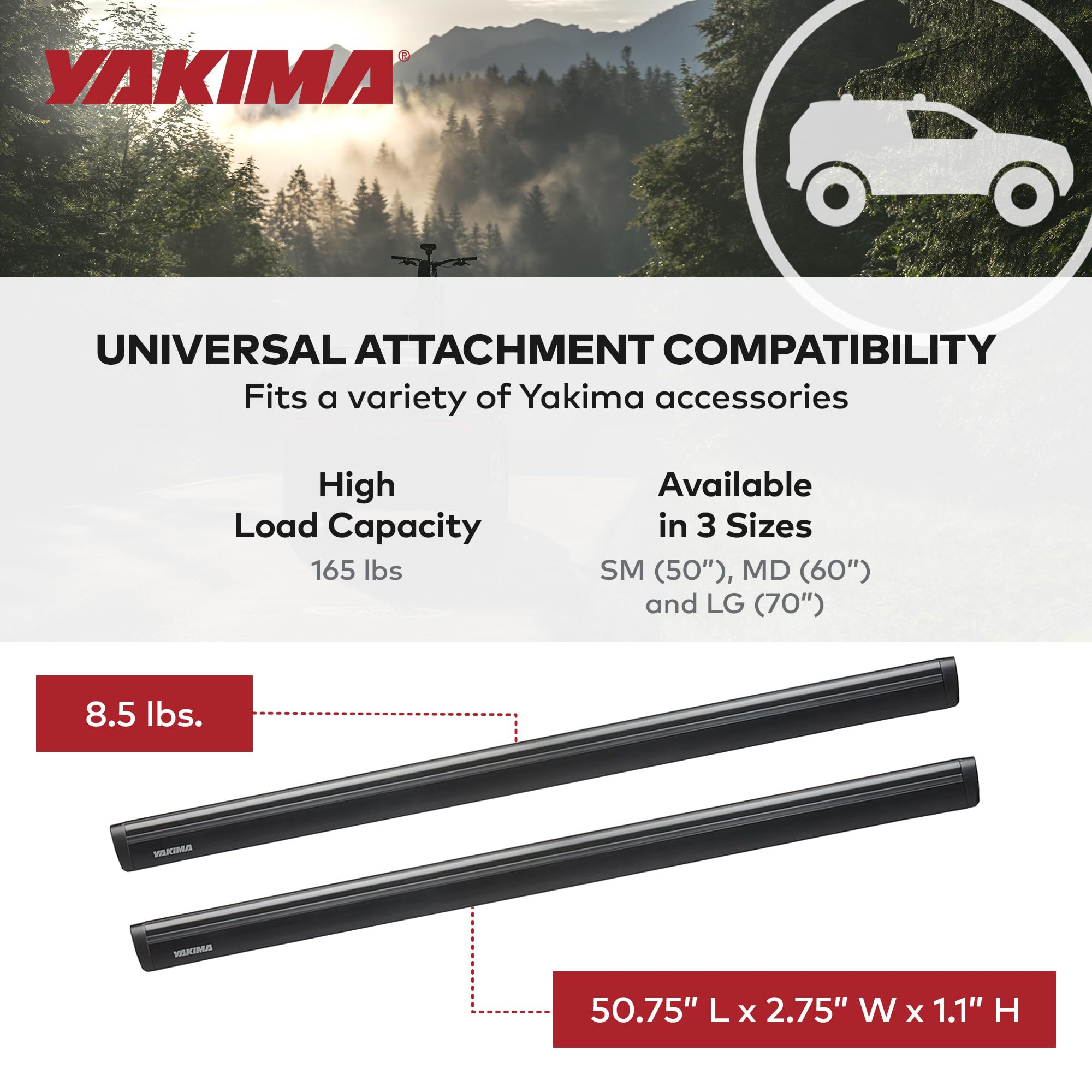 Yakima Set Of 2 Roof Rack Crossbars, Rooftop Car, Suv, Or Truck T-Slot Bars Compatible With Streamline Tower - Bars Only, 50 Inc