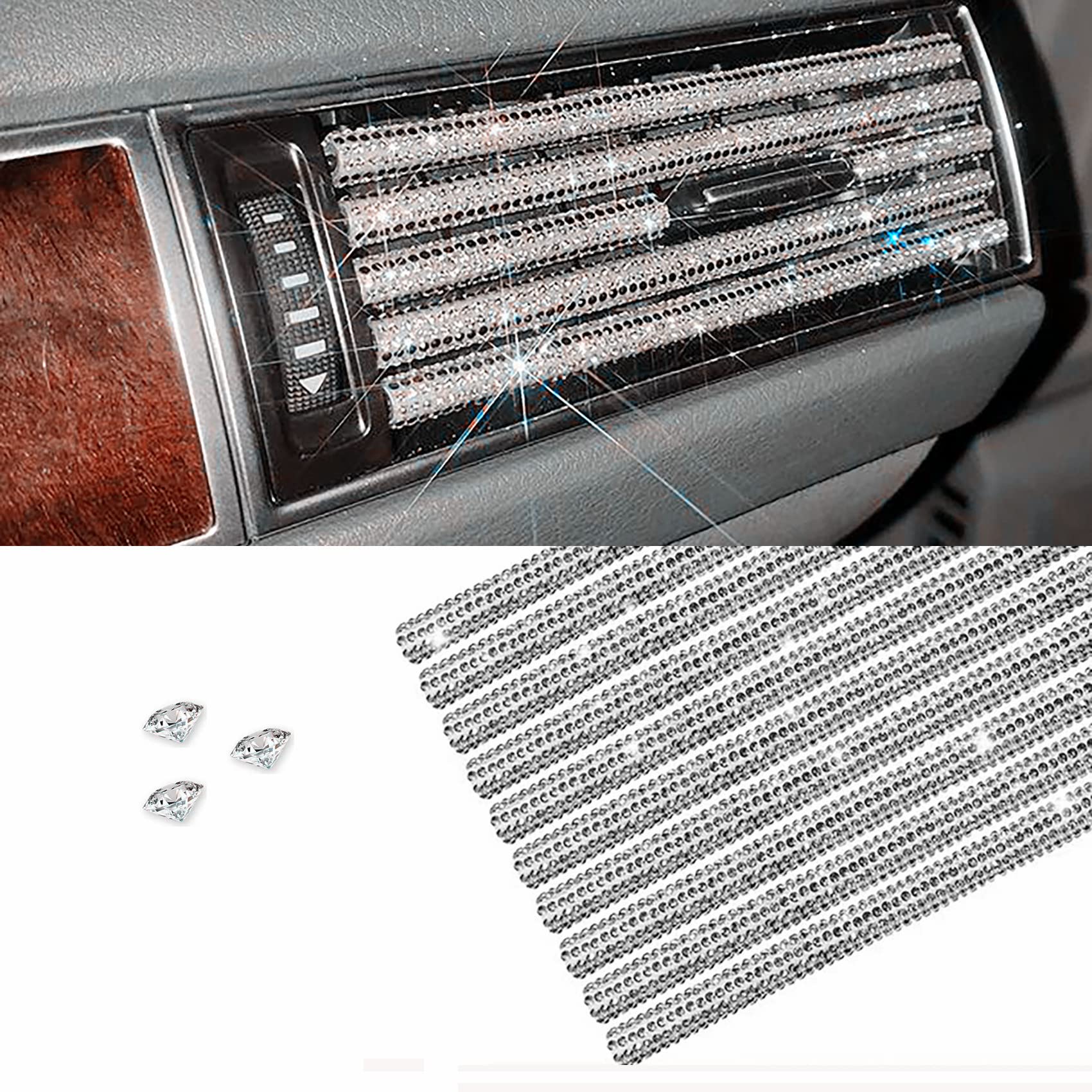 Pyhlvclf 10 Pieces Bling Diamond Car Air Conditioner Vent Trim Decoration Strips Accessories, Waterproof Flexible Shiny Auto Car