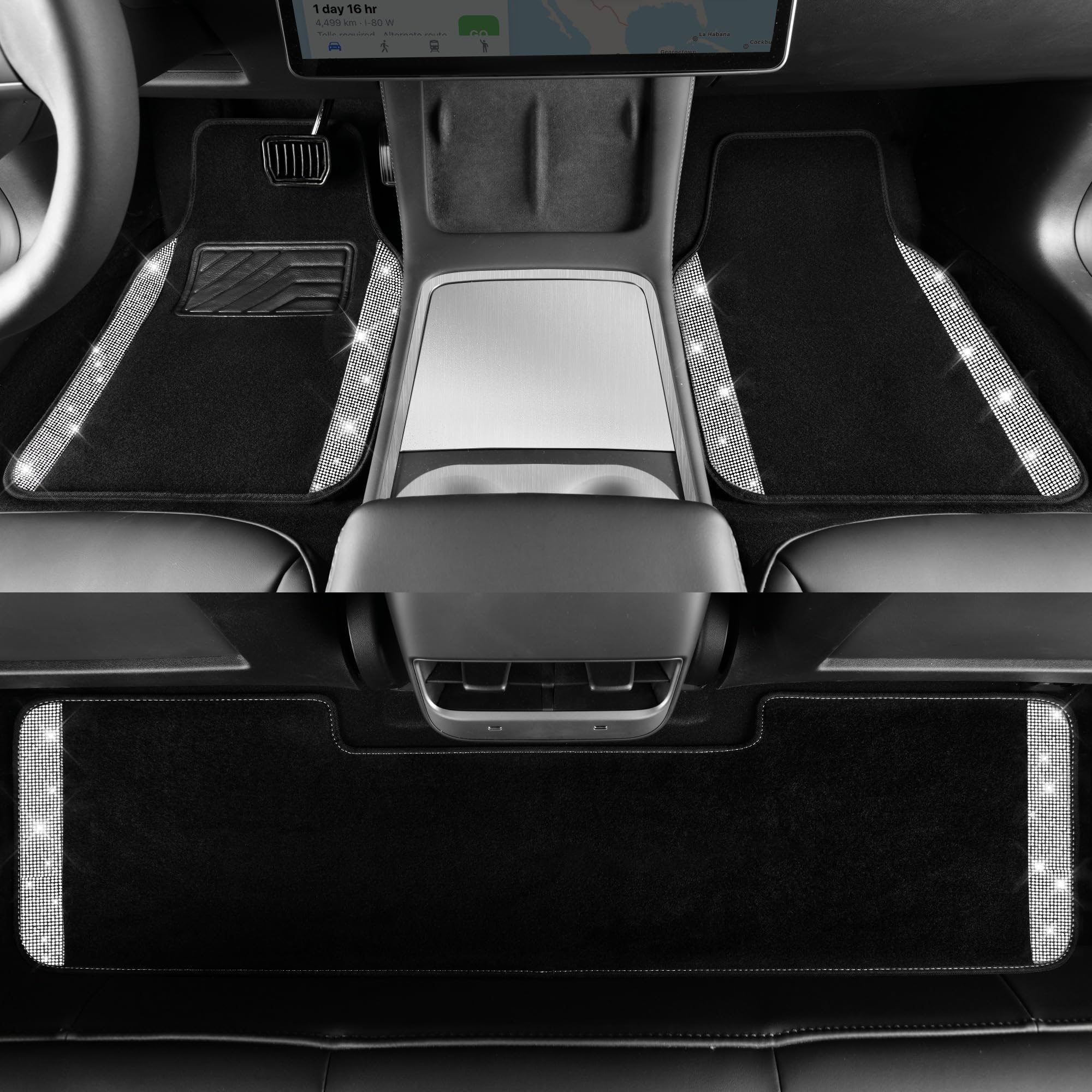 Car Pass® Bling Car Mats Shining Diamond Carpet Crystal Rhinestones Sparkly Glitter Floor Mats With Anti-Slip Pvc Heel Pad Universal For Automotive Suv, Sedan, Van, 3Pcs For Girl Women, Black Silver