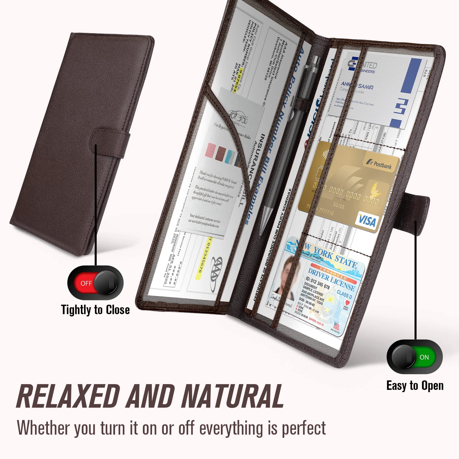 Foryou Car Registration And Insurance Holder With Magnetic Closure, Auto Truck Document Vehicle Glove Box Paperwork Organizer Wallet For Accessories Case, License, Card (Black Brown)