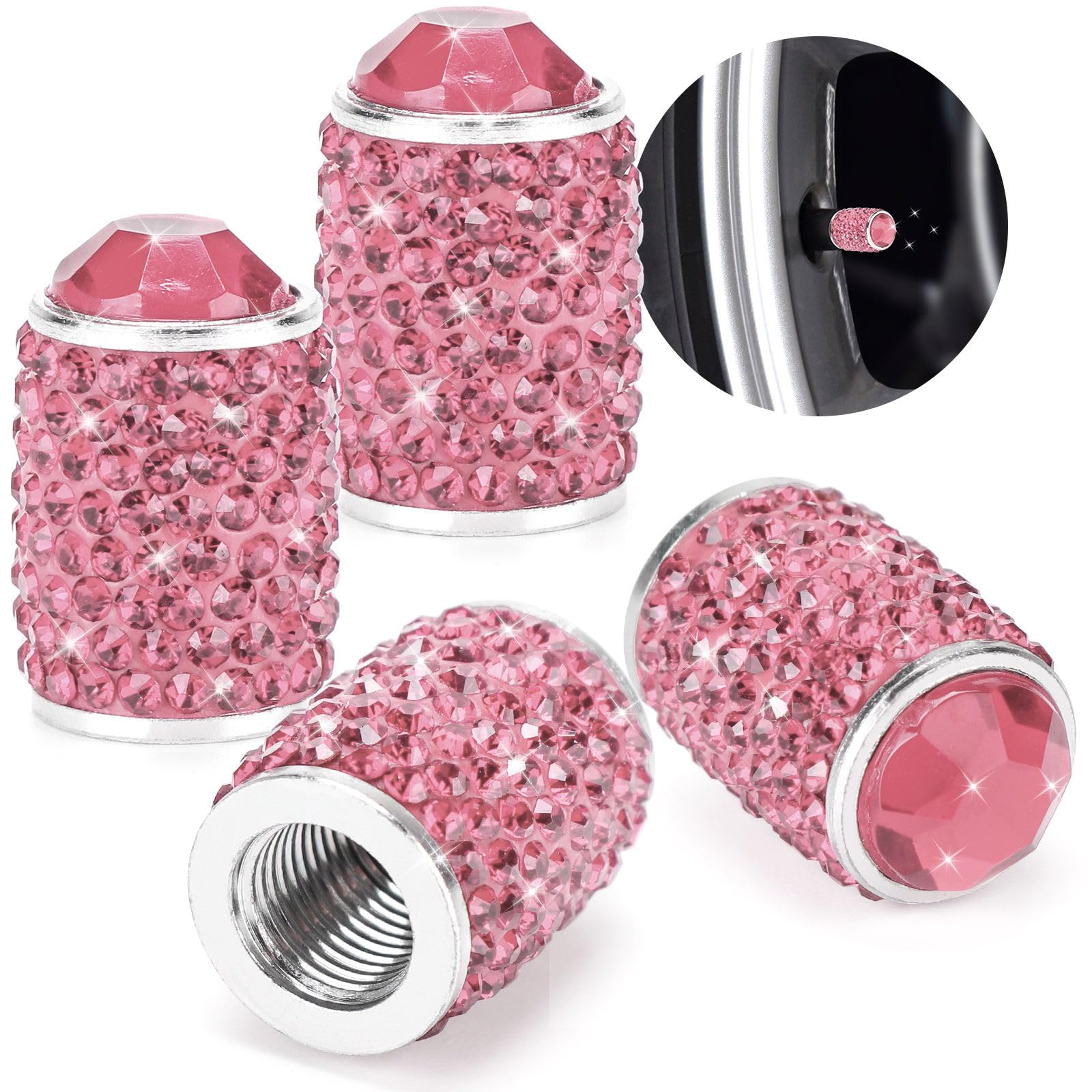 ToBeQueen Bling Pink Tire Valve Caps, 4 Pack Handmade Crystal Rhinestone Diamond Pink Sparkly Tire cCover Universal Dustproof Li