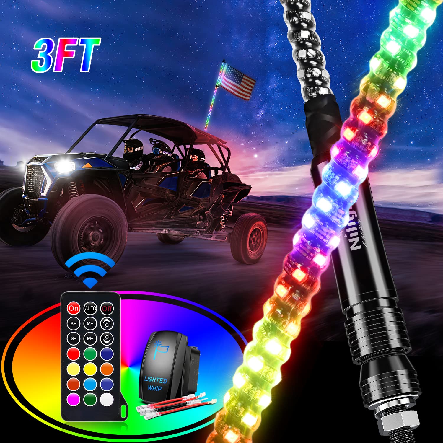 Nilight 1Pc 3Ft Spiral Rgb Led Whip Light W/Rgb Chasing/Dancing Lights Rf Remote Control Lighted Antenna Whips For Can-Am Atv Ut