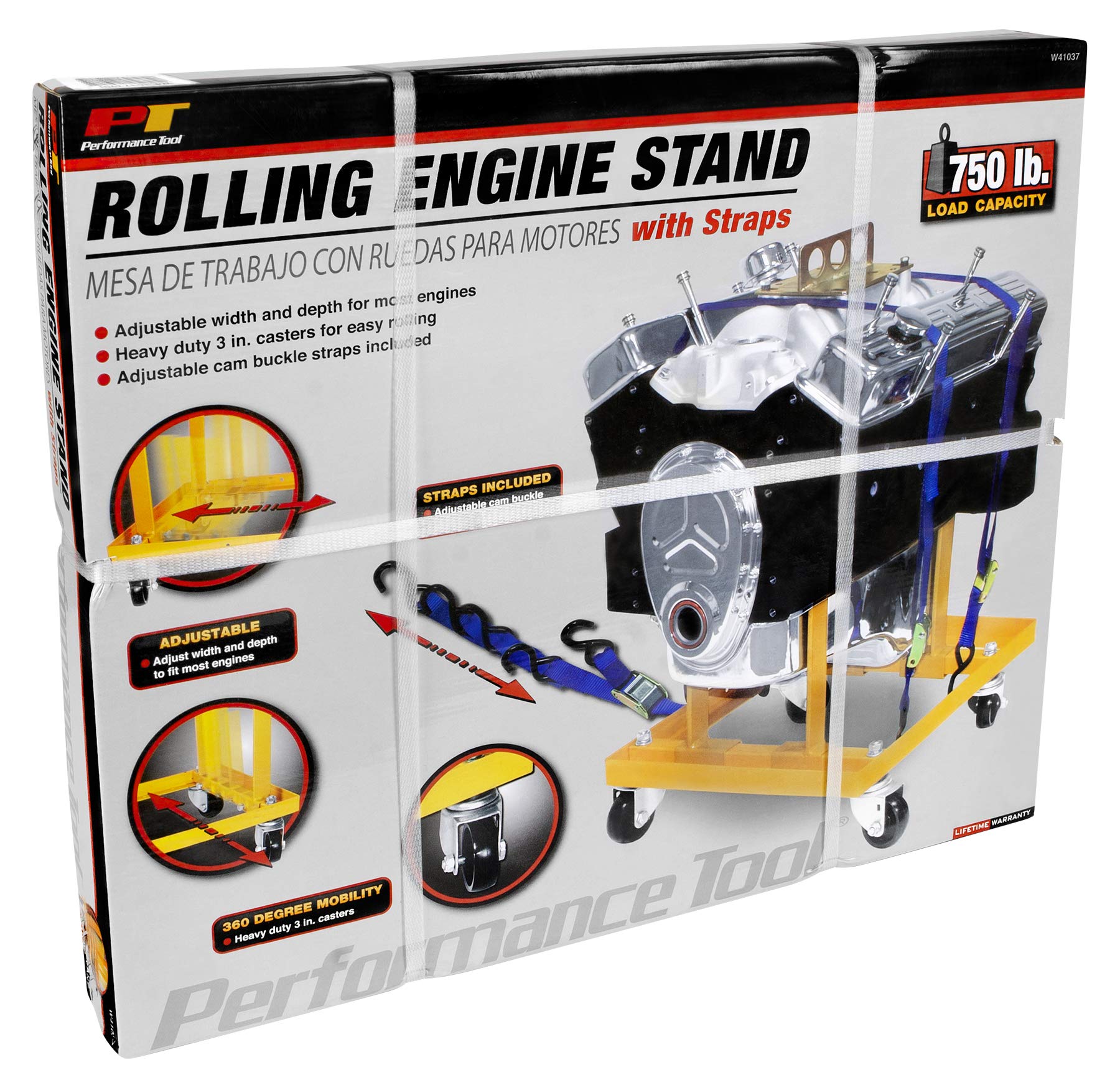 Performance Tool W41037 Rolling Engine Stand With Straps For Vehicle Maintenance, Yellow, 750-Lb Capacity