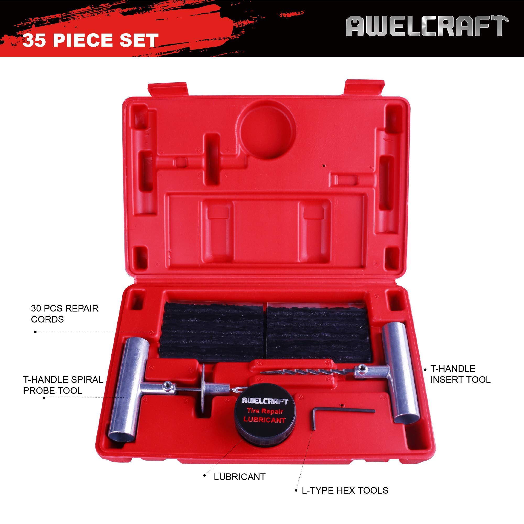Awelcraft 35-Piece Universal Heavy Duty Tire Plug Kit To Fix Punctures And Plug Flats, Ideal For Cars, Trucks, Motorcycles, Atv, With Storage Case