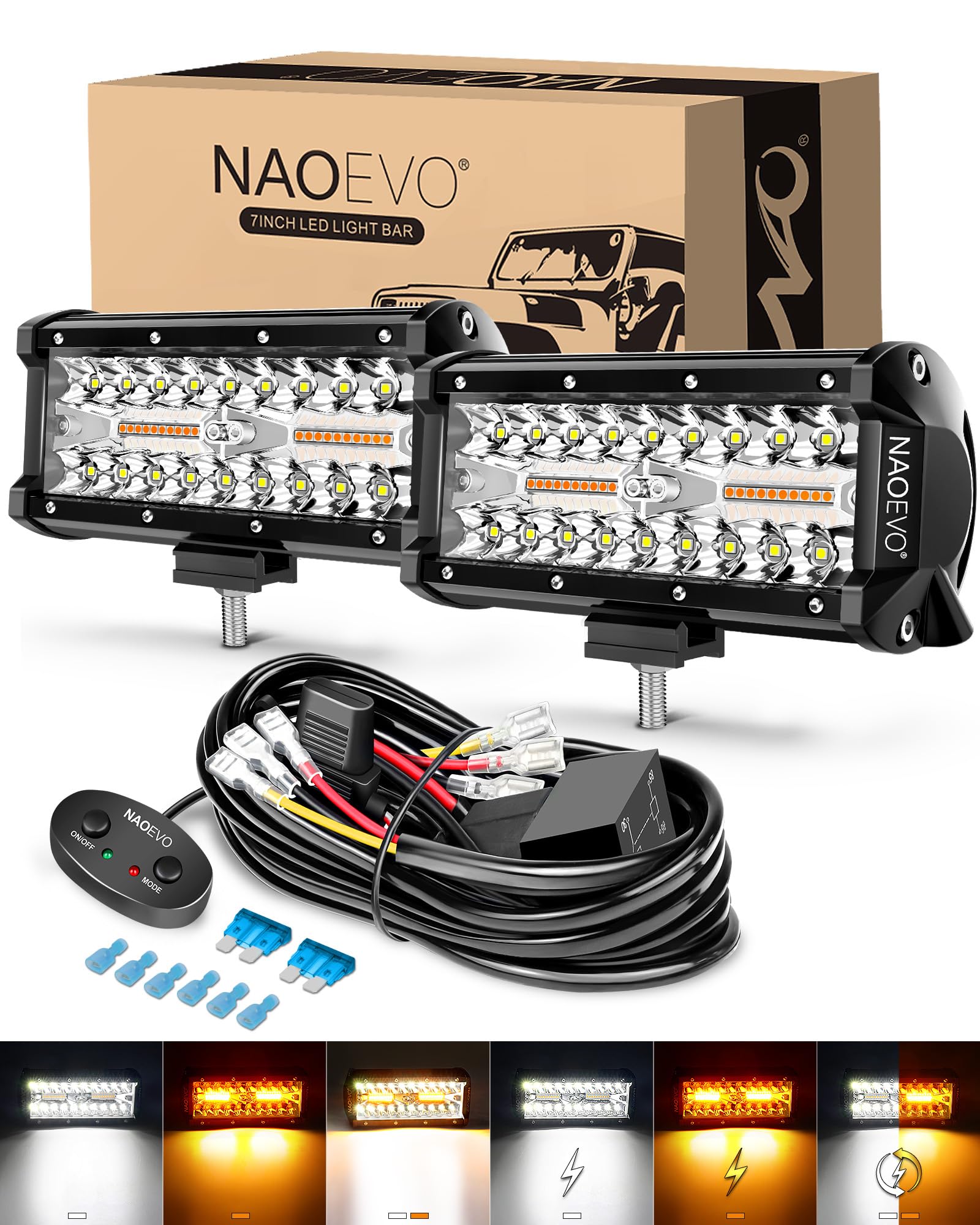 Naoevo 7 Inch Led Light Bar, White Amber Offroad Fog/Driving Lights Led Pods With Strobe/Memory Function, 2 Leads Wiring Harness