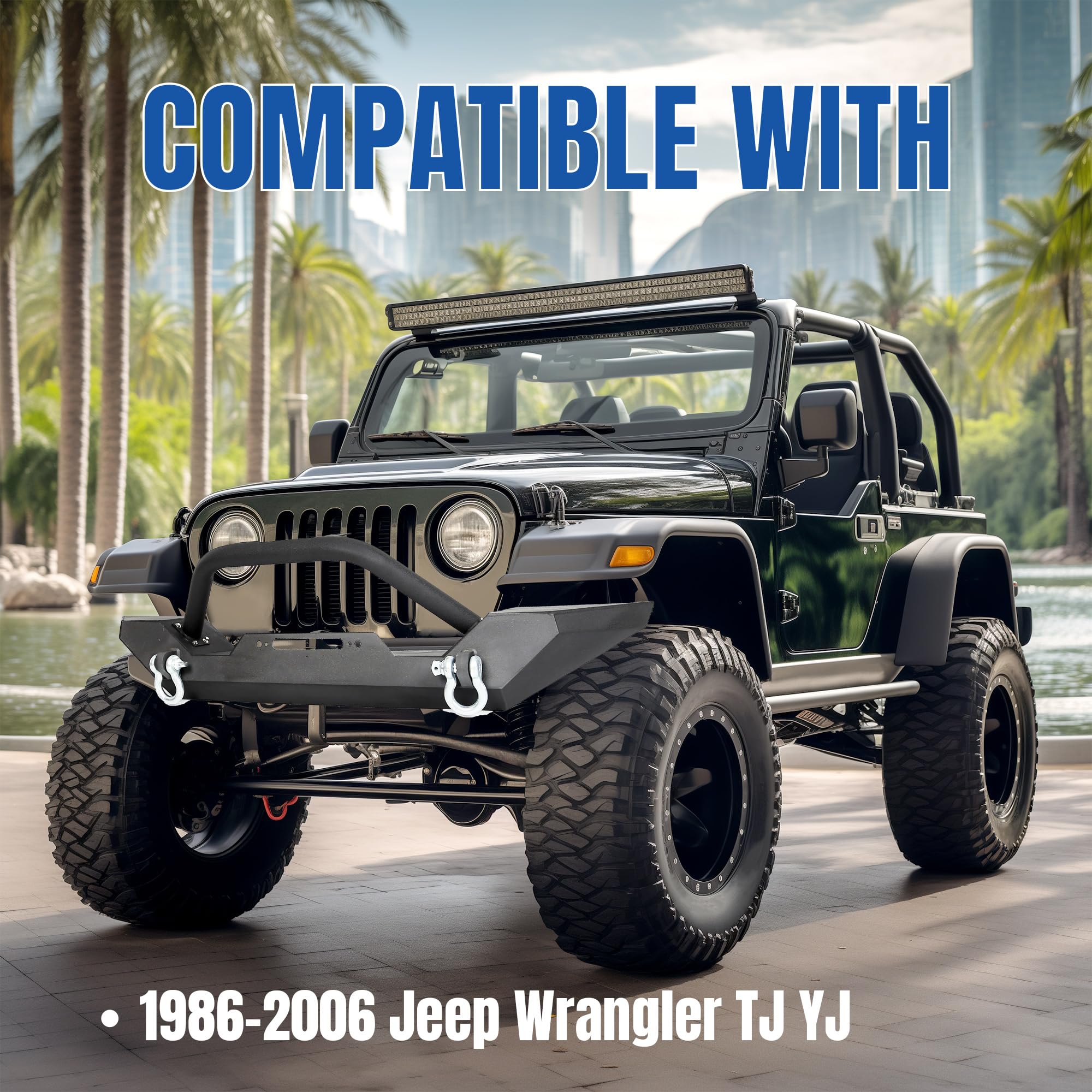 Kuafu Front Winch Bumper Black Compatible With 1986-2006 Jeep Wrangler Tj Yj With D-Rings And 2 Led Lights