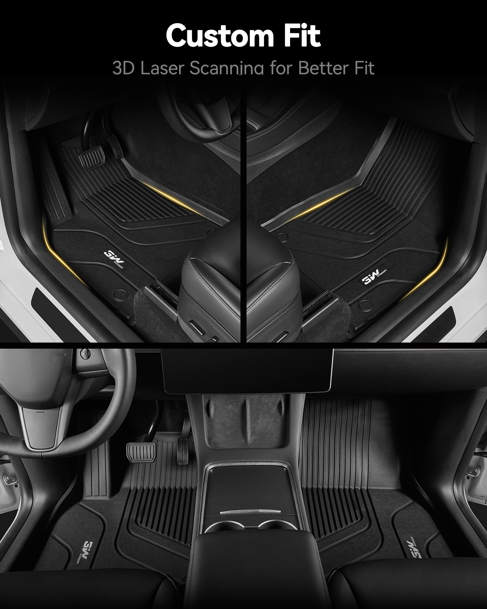 3W Floor Mats With Carpets For Tesla Model 3 2024 Trunk Cargo Liner, All-Weather Tpe Full Set Floor Liners And Cargo Liner Mats