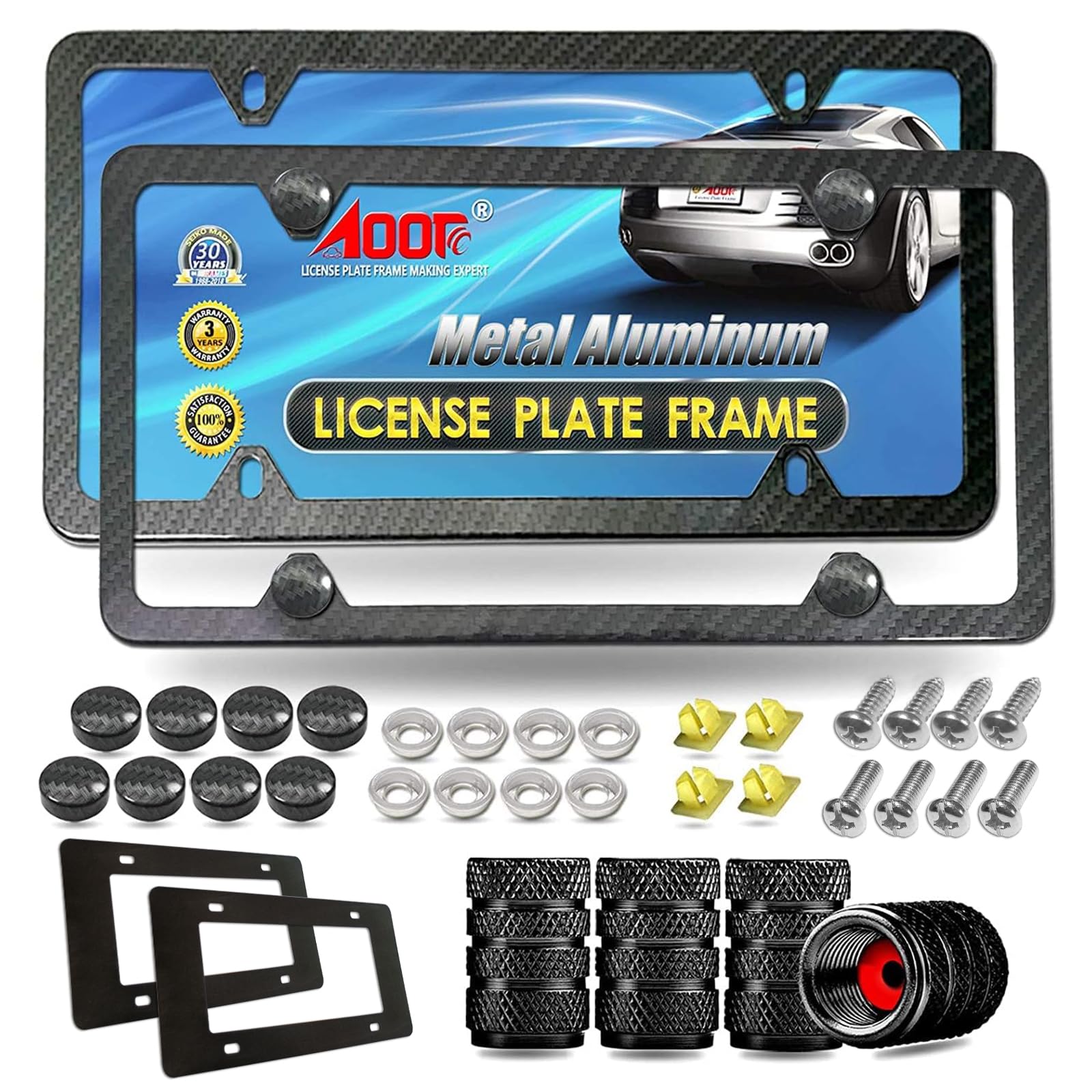 Aootf Carbon Fiber License Plate Frame- Heavy Duty Black Aluminum Car Tag Cover Printed Carbon Patterns, Slim Front & Rear Holde