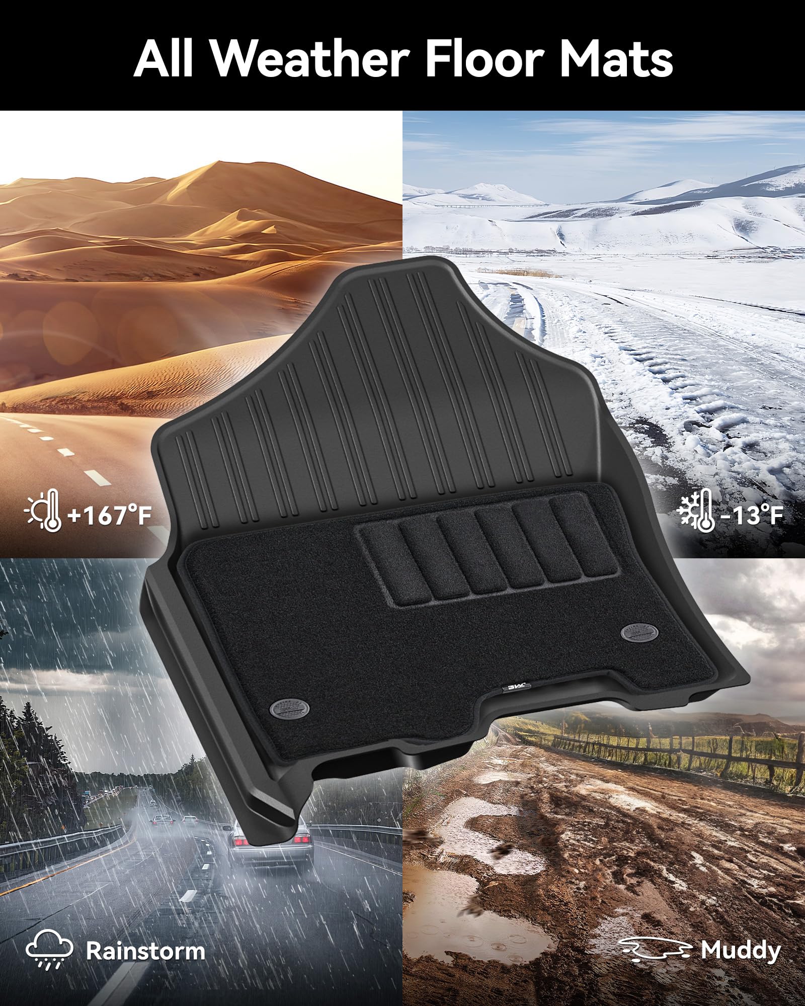 3W Floor Mats & Front Carpet Top For Dodge Ram 1500 2019-2024 (New Body Crew Cab/Without Storage) 1St & 2Nd Row Tpe All Weather