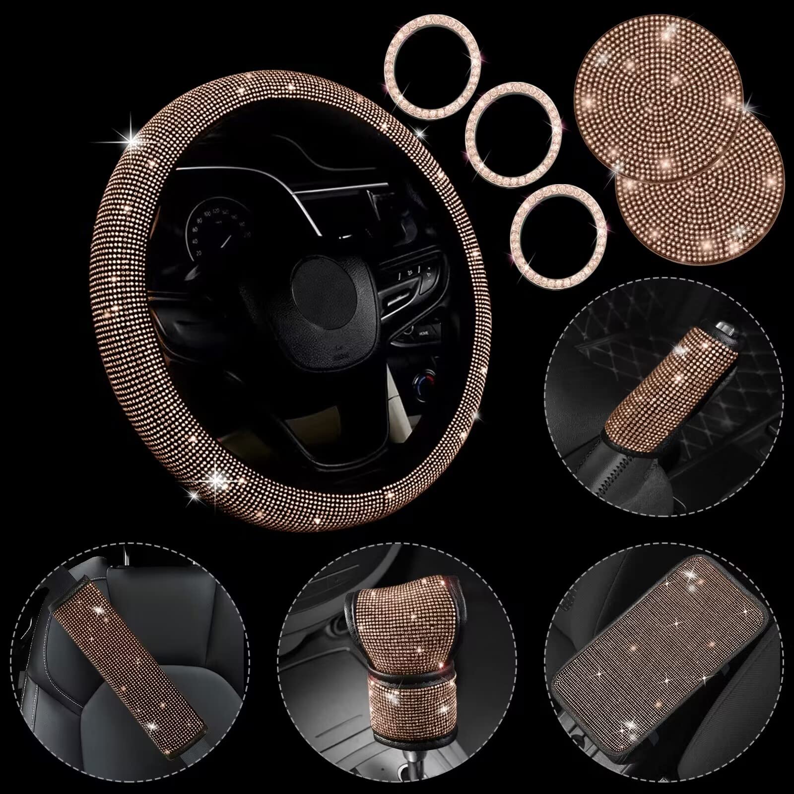 JINGSEN 11 Pcs Bling Car Accessories Set,Bling Car Accessories Set for Women,Steering Wheel Cover for Women Universal Fit 15 Inc