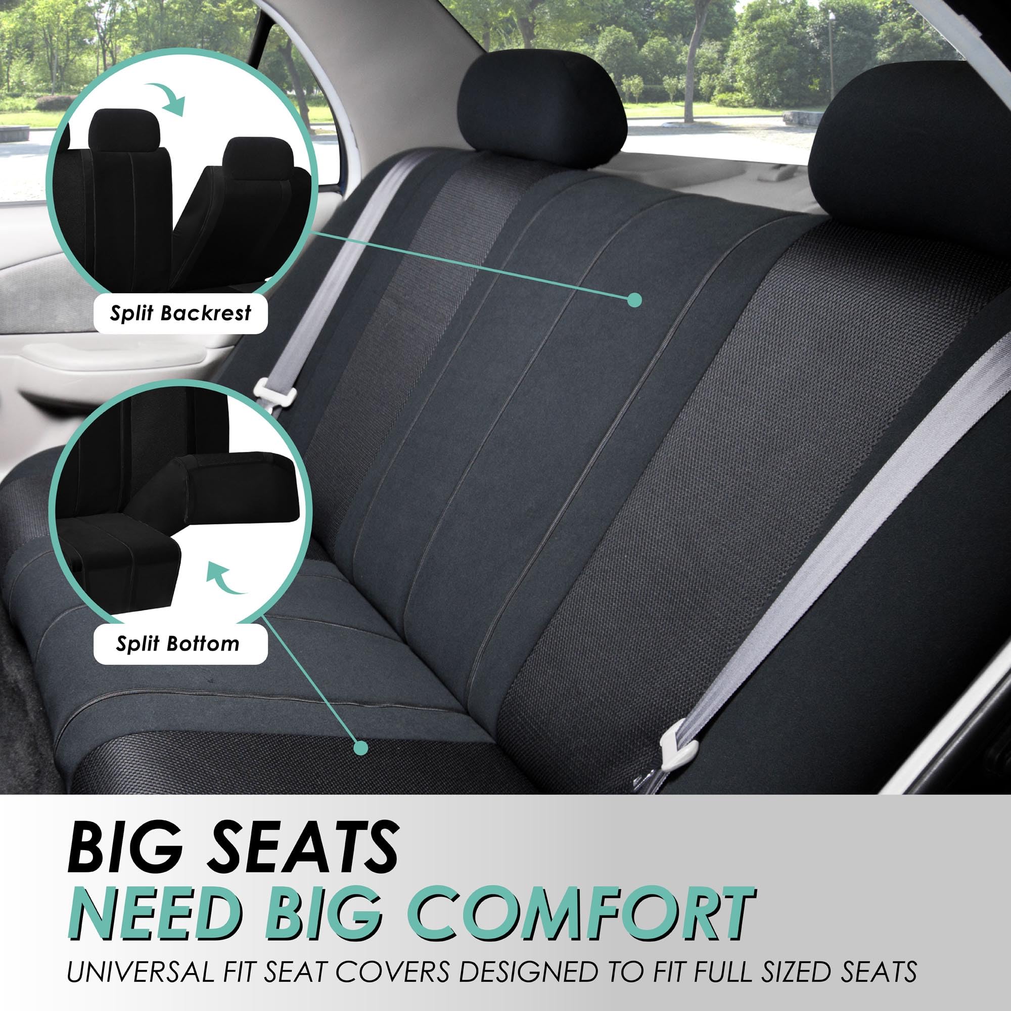 Fh Group Automotive Seat Cover Universal Fit Rear Seat Cover Sports Solid Black Seat Cover For Back Seat Split Bench Car Seat Pr