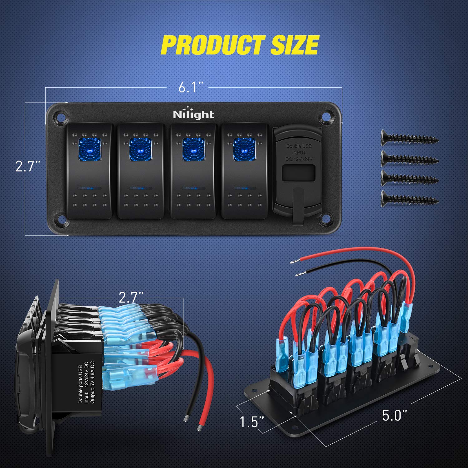 Nilight 4 Gang Rocker Switch Panel Blue Backlit With Pd Type C And Usb Charger Voltmeter Waterproof 12V 24V Dc Switches With Nig
