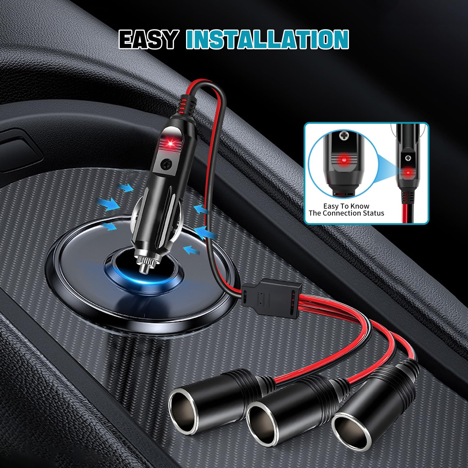 Car Cigarette Lighter Splitter, Ro  Ko1 To 3 Dc 12V 24V Plug Adapter, 3 Socket With Indicator Light, 15.7 Inches Cigarette Light