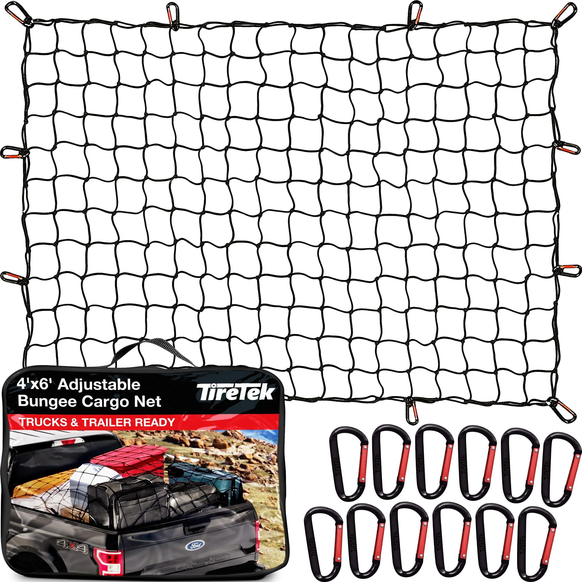 Tiretek Truck Accessories For Men, Heavy-Duty Cargo Net For Pickup Truck Bed Net, 4' X 6' Stretches To 8' X 12' W/ 12 Metal Cara