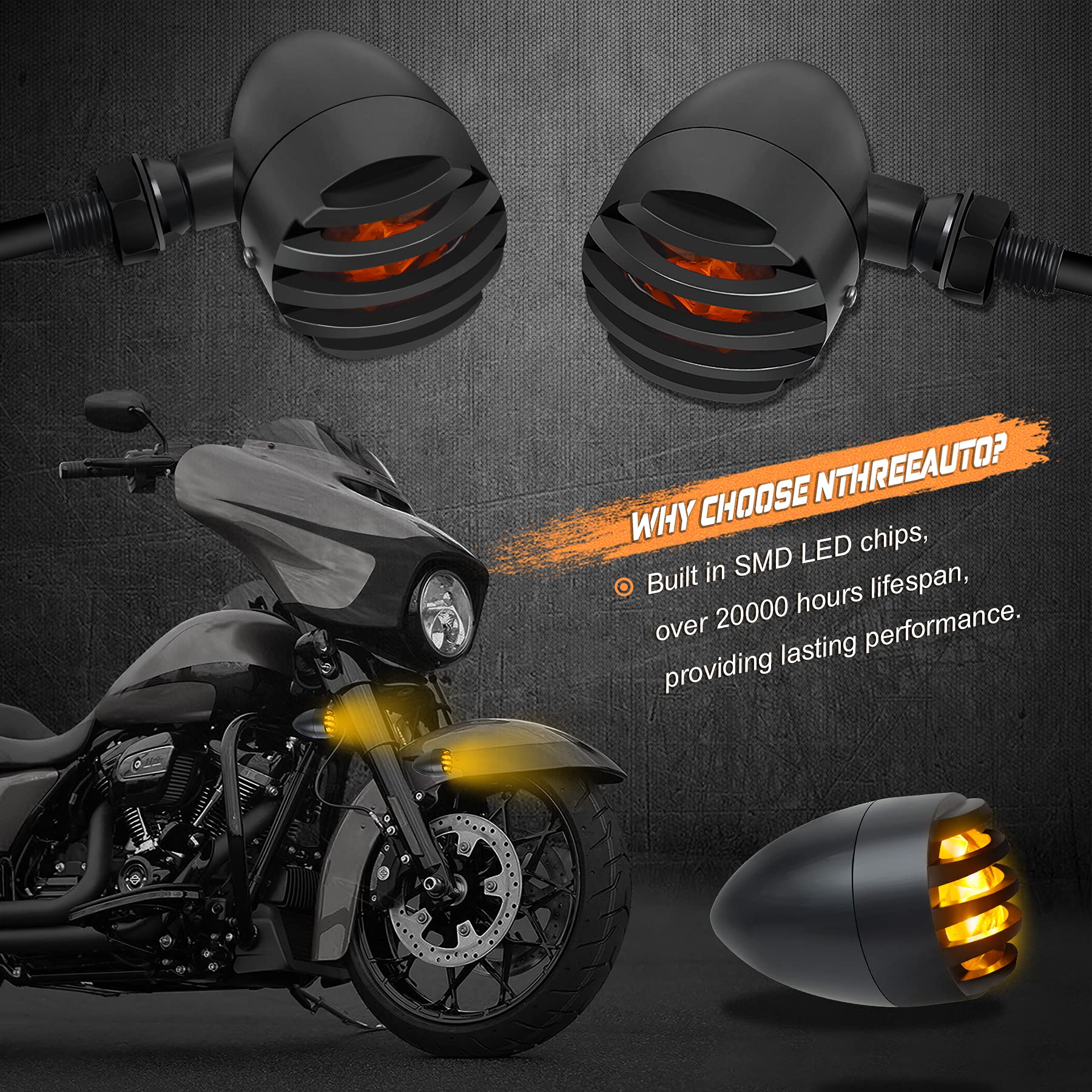 NTHREEAUTO Motorcycle Blinkers, Waterproof Aluminum Bullet LED Turn Signals, Universal Amber Indicator Light Compatible with Har