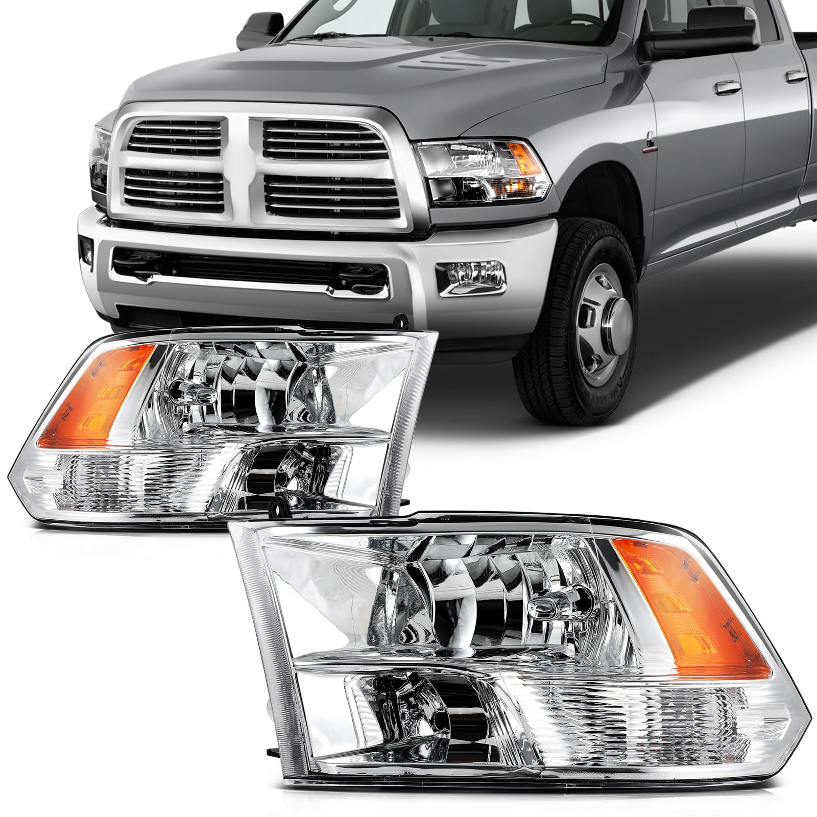 SCITOO Headlights For Ram 1500 2009-2018,For Ram 2500 2010-2018,For Ram 3500 2010-2018 Headlamps Chrome Housing Amber Reflector 