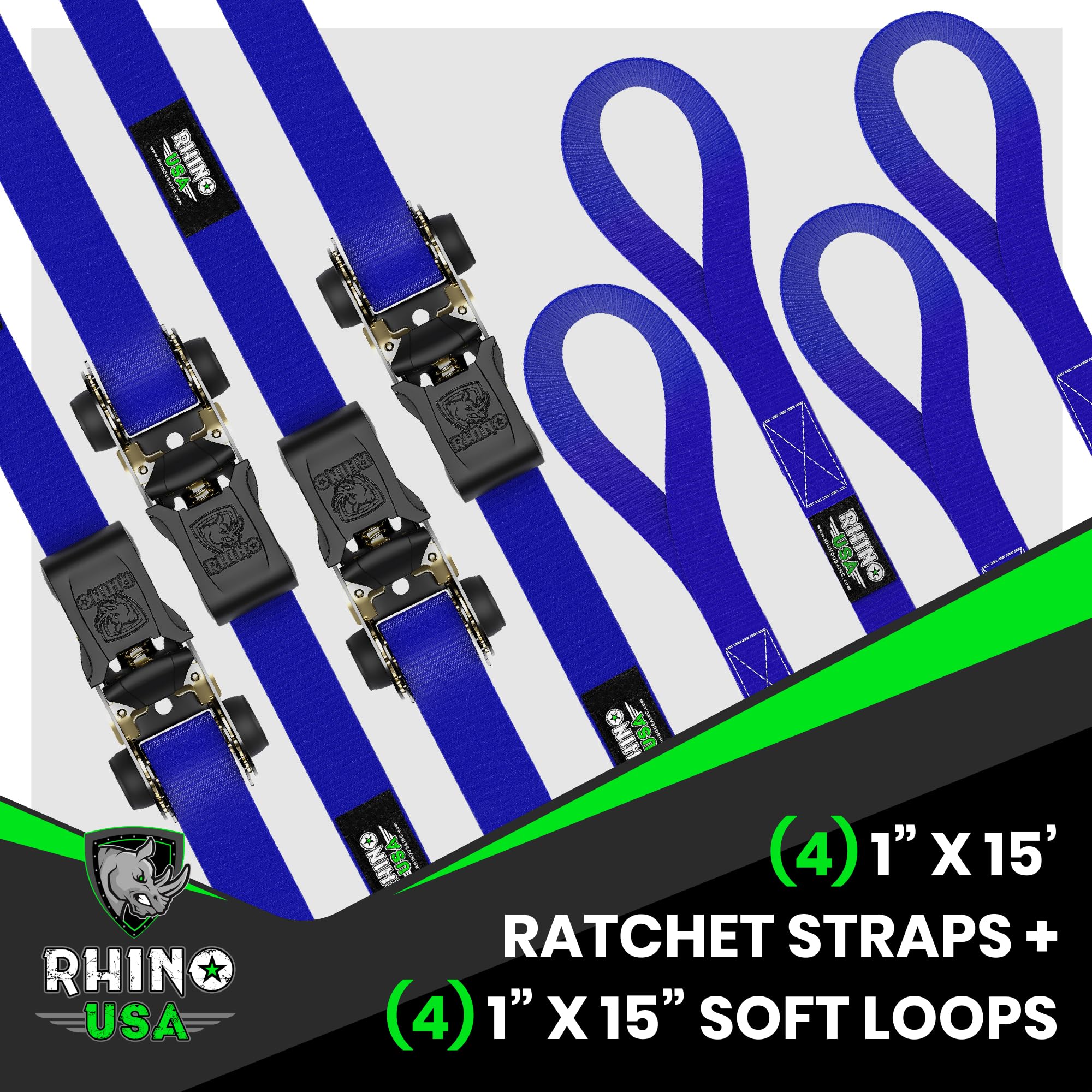 Rhino Usa Ratchet Straps Tie Downs (4-Pack) - 1 Inch X 15 Feet (1,823Lb Break Strength) - Ultimate Tie Down Straps With Safety S