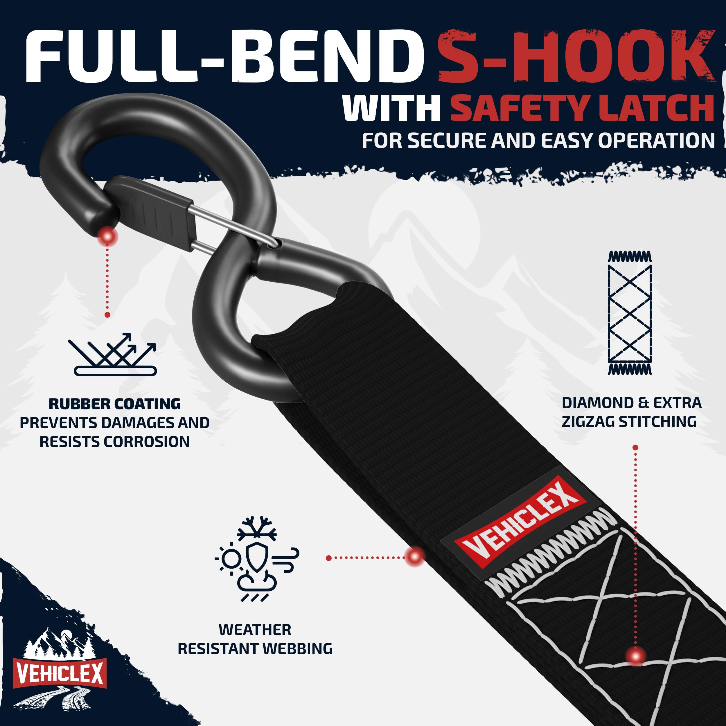 Motorcycle Ratchet Tie Down Straps With Soft Loops - Vehiclex 4Pk Heavy Duty 1.5' X 8Ft Kit, 4,400 Lb Breaking Strength For Powersports, Black