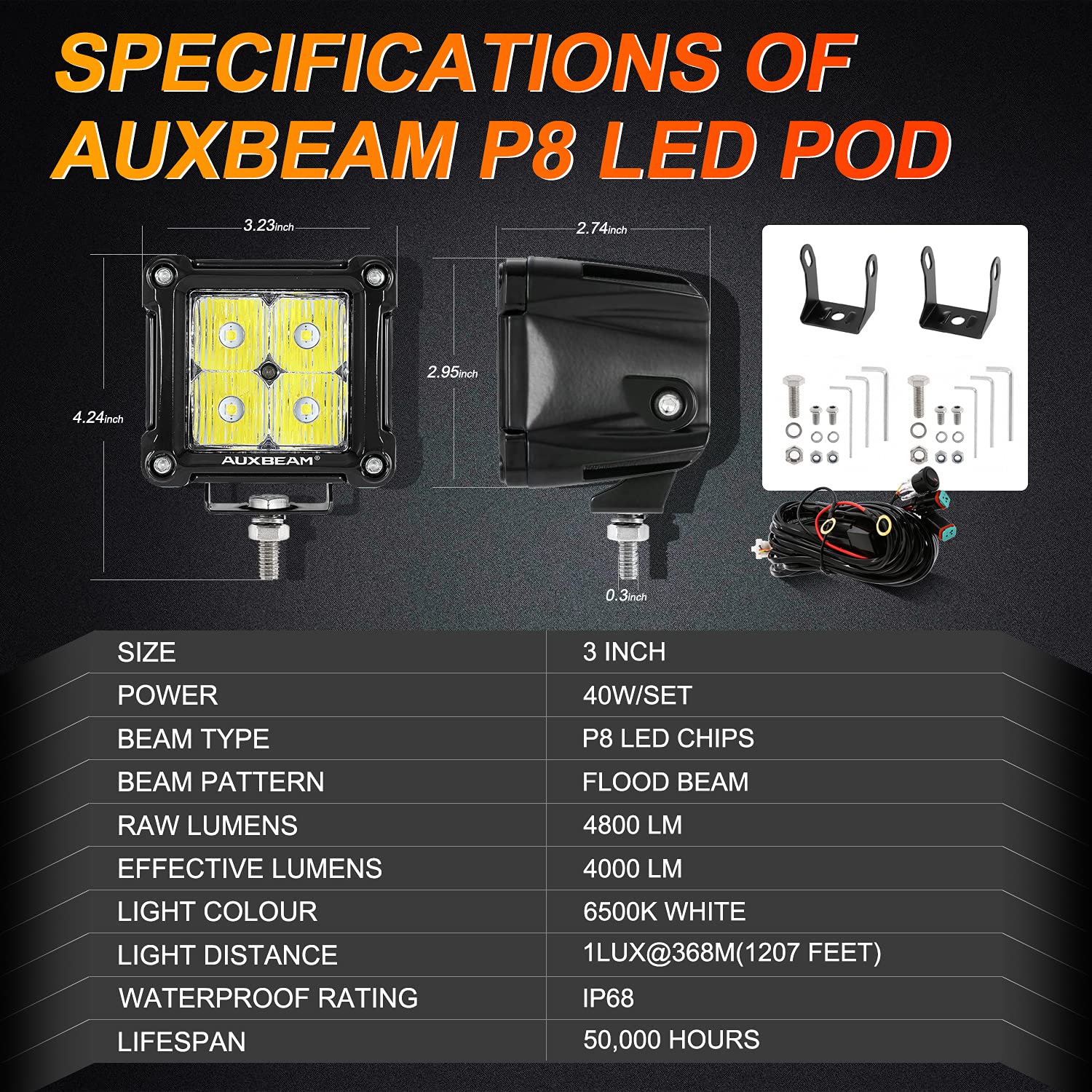Auxbeam Fa Series 3 Inch Led Pods Flood Beam 40W 4800Lm Offroad Cube Light Bar Square Ditch Lights Backup Reverse For Trucks, At