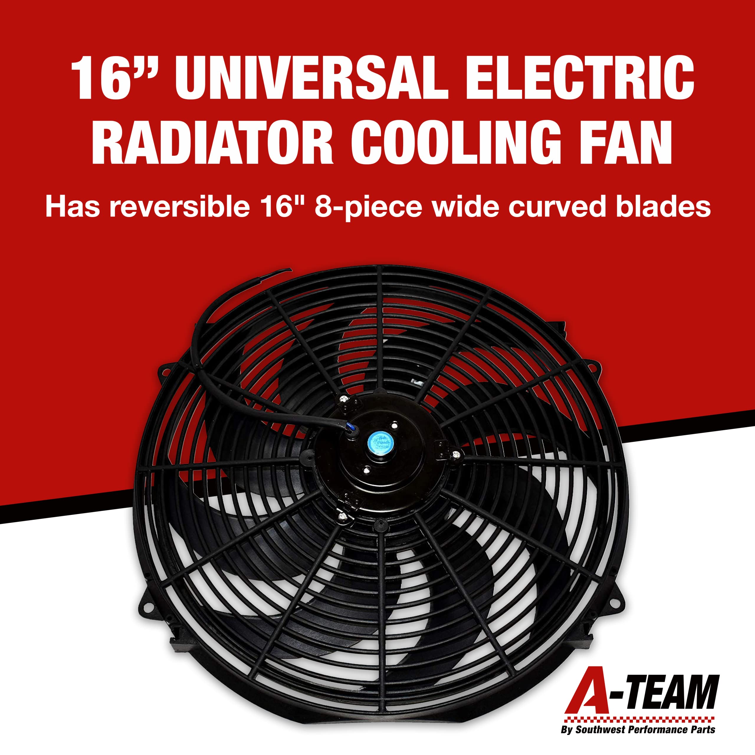 A-Team Performance Radiator Electric Cooling Fan 16 Inch Radiator Fan Heavy Duty 12V Wide Curved 16' 8 Blades Thermostat Kit 3000 Cfm, 16 Inch Cooling Fan Reversible Push Or Pull With Mounting Kit