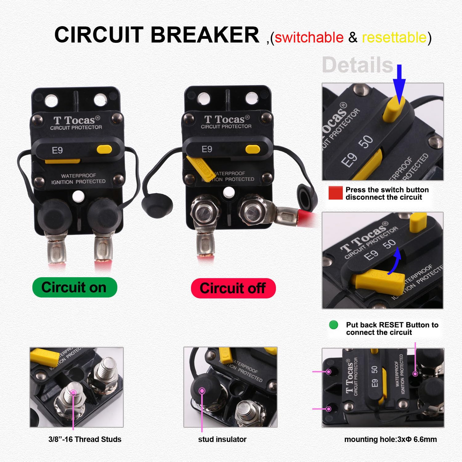 T Tocas 3/8'' Stud 40 Amp Circuit Breaker For Boat Trolling Motor Marine With Manual Reset Switchable Ip67 Dc 12V - 72V