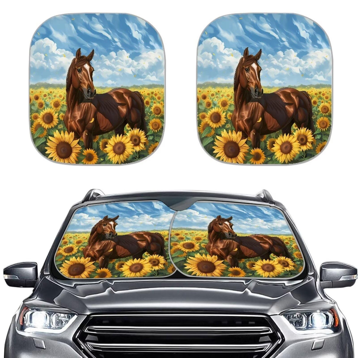 Dreaweet Sunflower Horse Windshield Sun Shade 2 Piece Sun Visor for Car Windshield for Women,Sun Shade Car Windshield Foldable F