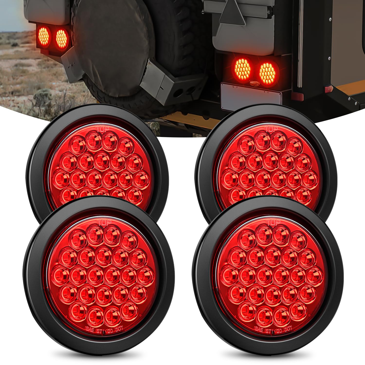 Nilight 4Inch Round Trailer Tail Light 4Pcs 24Led Red Stop Brake Turn Marker Light W/Flush Mount Grommets Plugs Ip67 Waterproof